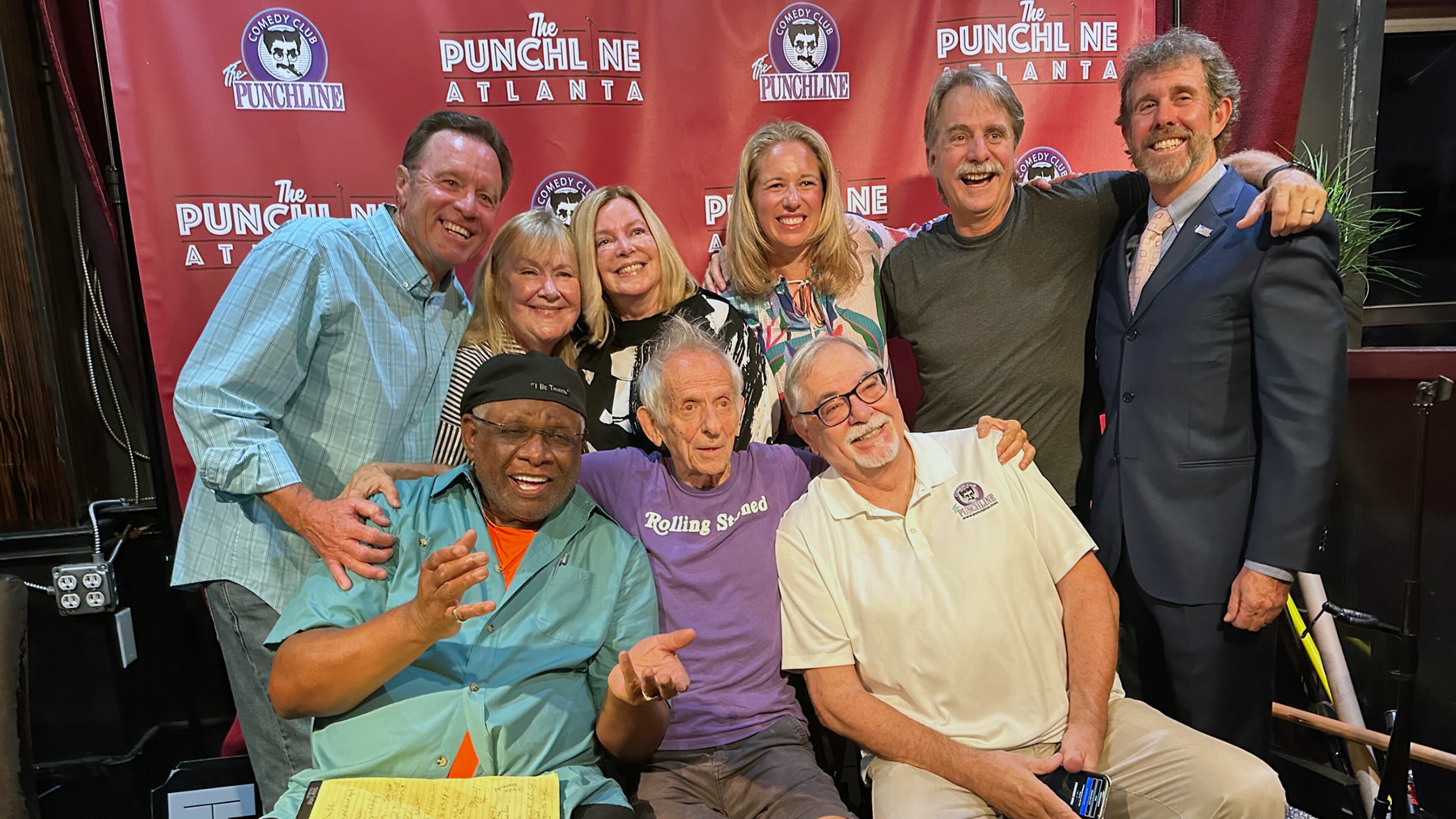 The Steve McCoy fundraiser at Punchline Comedy Club August 27, 2023. Top row (L-R) Tom Clark, Kaedy Kiely, Vikki Locke, Steve McCoy's daughter Kelly Martin, Jeff Foxworthy, Jamie Bendall. Bottom row (L-R): George Wallace, Jerry Farber, Chris DiPetta. RODNEY HO/rho@ajc.com
