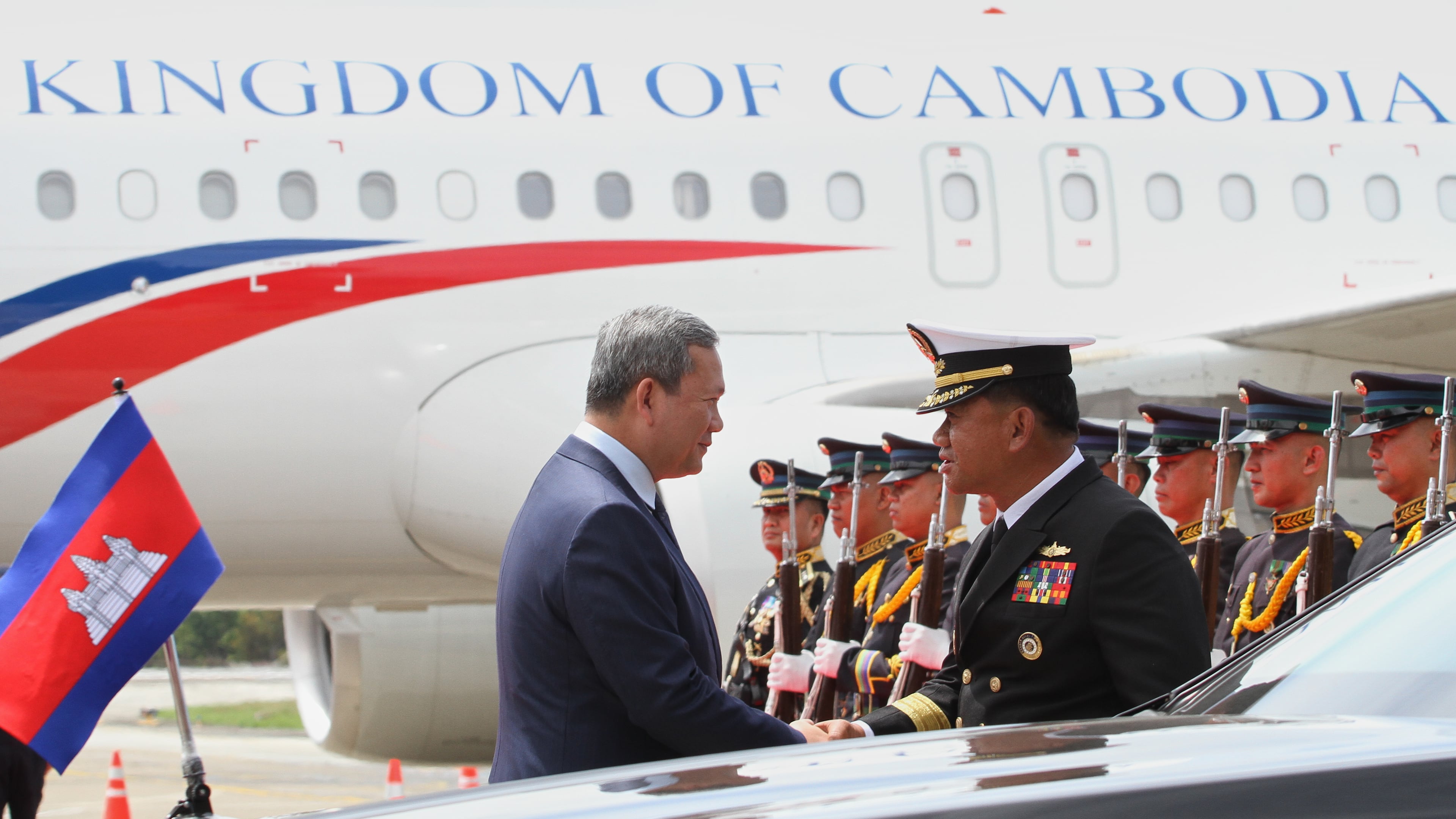 Cambodia's Prime Minister Hun Manet, left, arrives ahead of the 48th ASEAN Summit and Related Meetings in Cebu province, central Philippines on Thursday, May 7, 2026. (AP Photo/Jacqueline Hernandez, Pool) ADDITION: Adds Pool to the caption sign off and instruction.