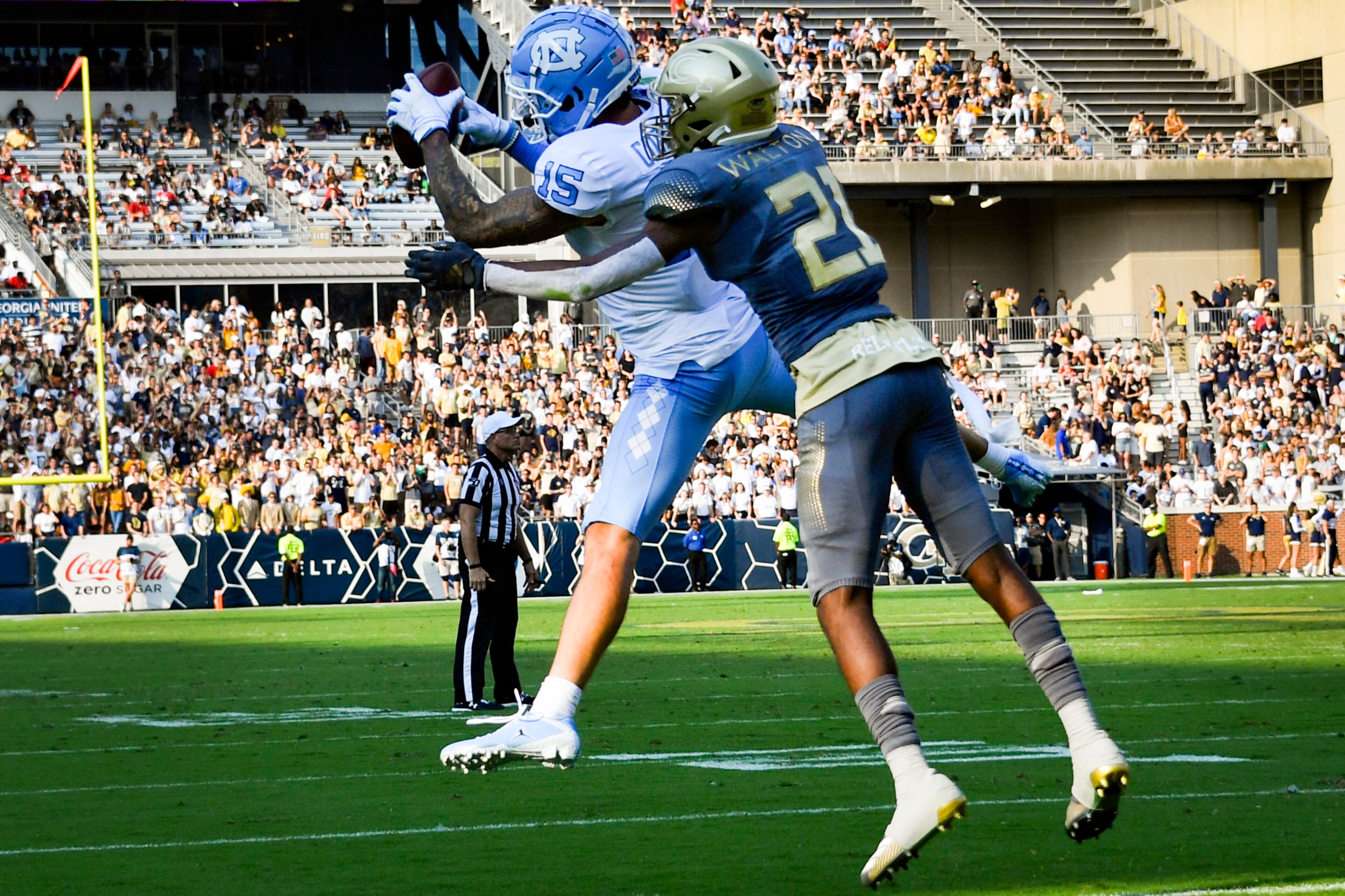 North Carolina wide receiver Beau Corrales (15) catches a pass in the end zone as Georgia Tech defensive back Zamari Walton (21) defends. (Special-John Amis)