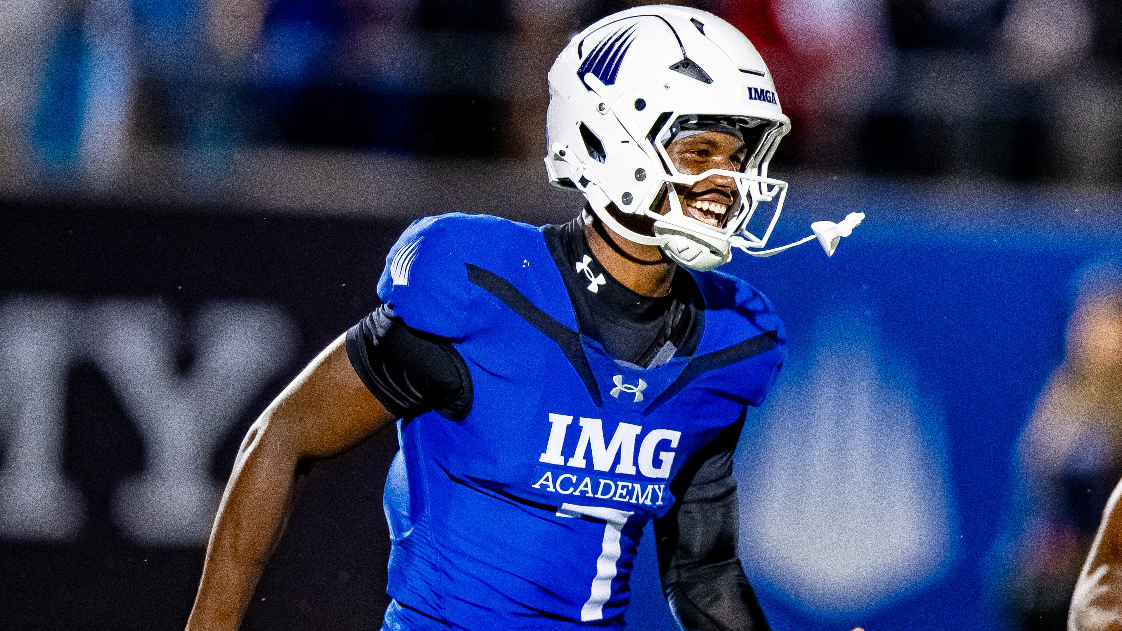 5-star QB Jayden Wade celebrates after throwing a touchdown pass for IMG Academy on Saturday, August 29, 2026, in Bradenton, Fla. Wade is currently committed to Georgia. (Jeff Sentell/ DawgNation)
