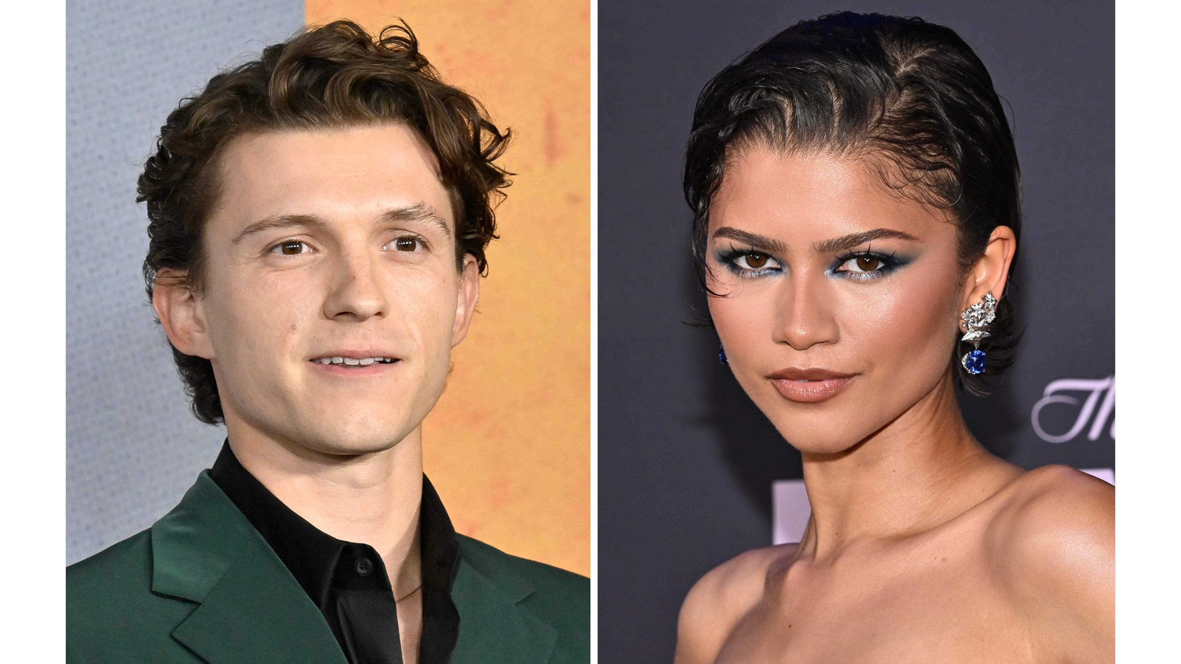 Tom Holland appears at the Apple TV+ limited series premiere of "The Crowded Room" in New York on June 1, 2023, left, and Zendaya appears at the special screening of "The Drama" in New York on April 2, 2026. (Photos by Evan Agostini/Invision/AP)
