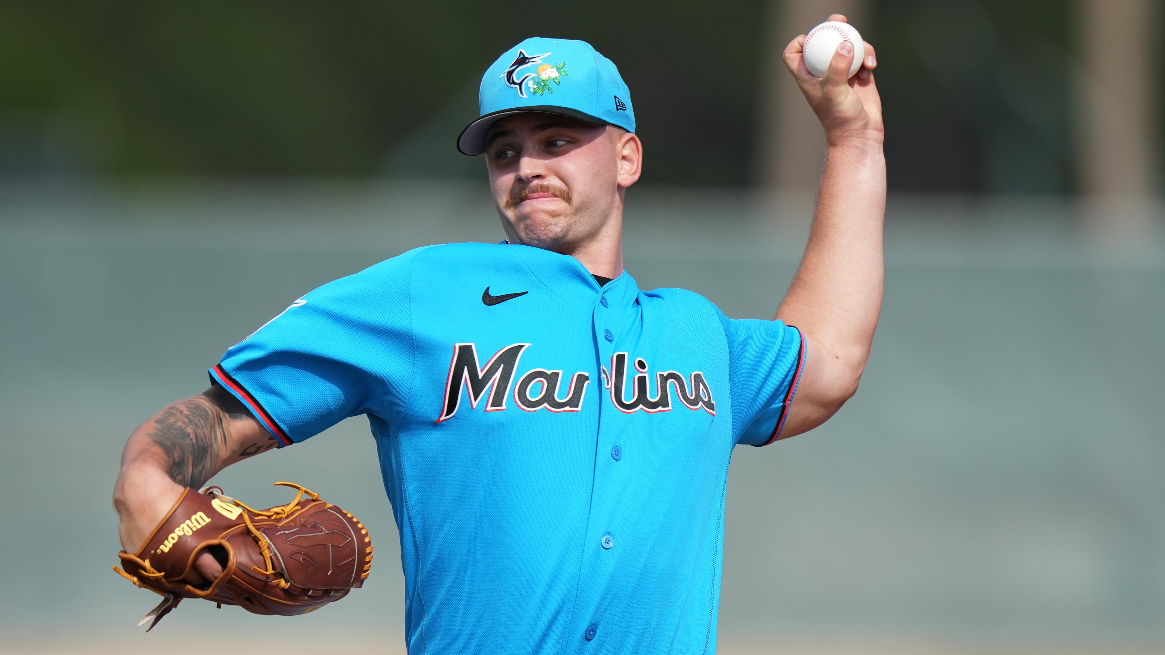 FILE - Miami Marlins pitcher Robby Snelling works out during spring training baseball, Feb. 15, 2026, in Jupiter, Fla. (AP Photo/Lynne Sladky, File)