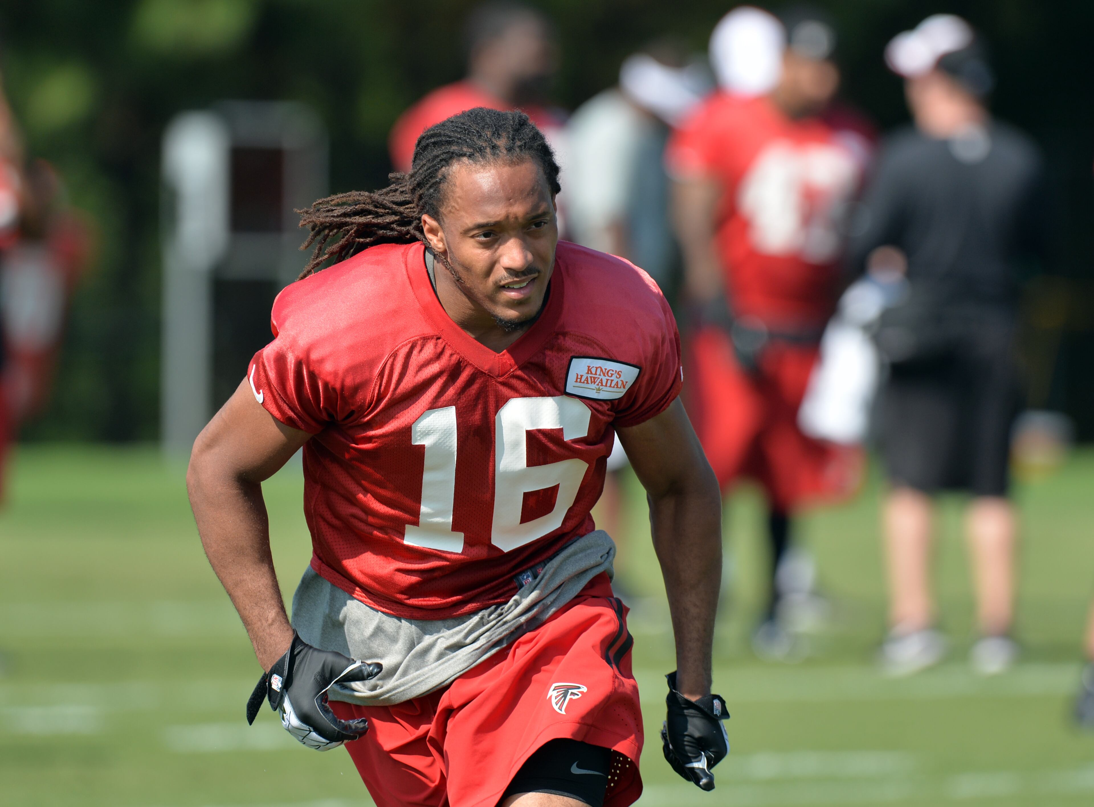 Atlanta Falcons wide receiver Julian Jones participates in drills during training camp on Friday, July 25, 2014.