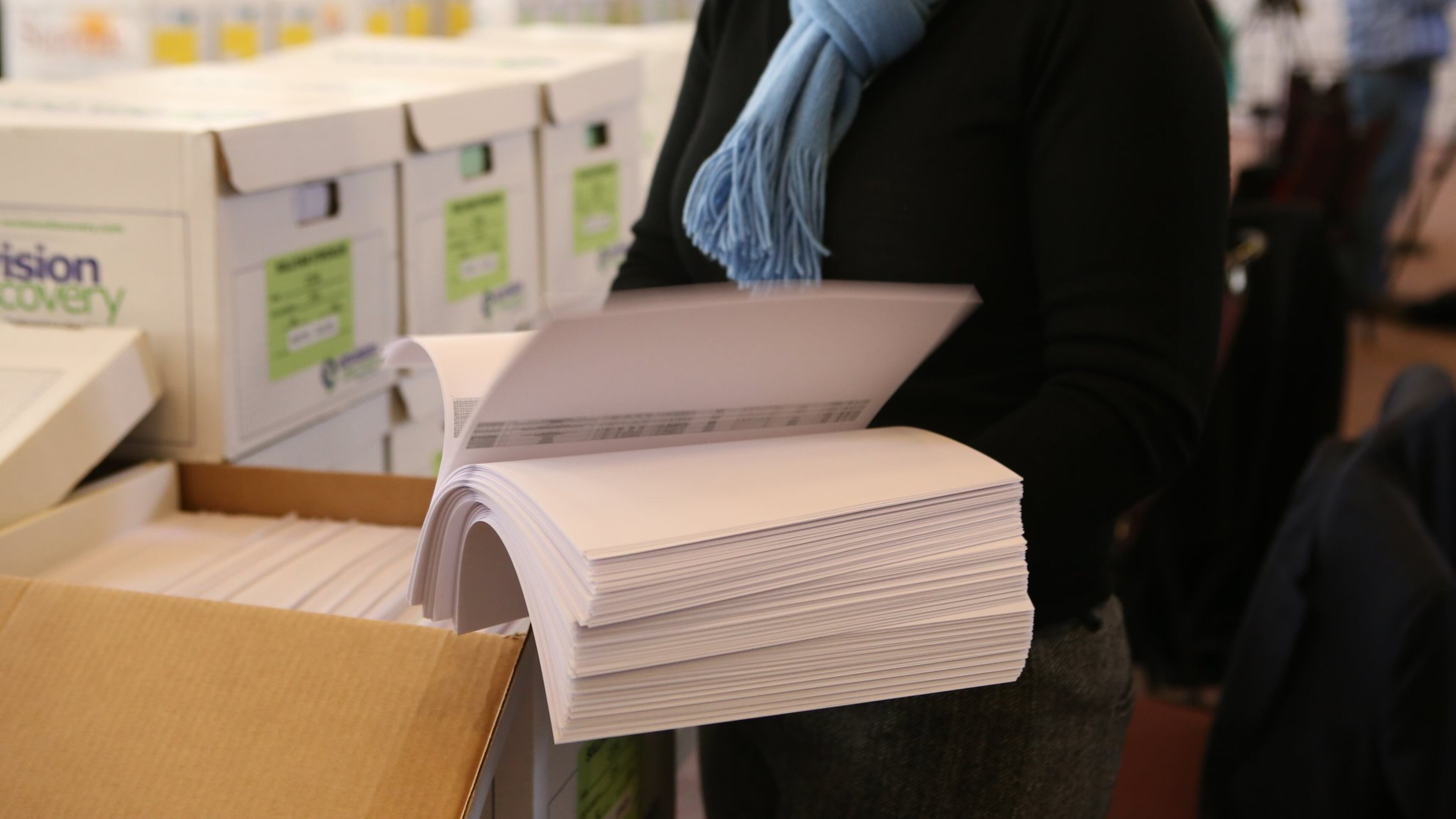 February 9, 2017, Atlanta, Georgia - A reporter reviews a portion of the more than 1.4 millions documents released in February 2017 in the Atlanta City Hall corruption investigation. (HENRY TAYLOR / HENRY.TAYLOR@AJC.COM)