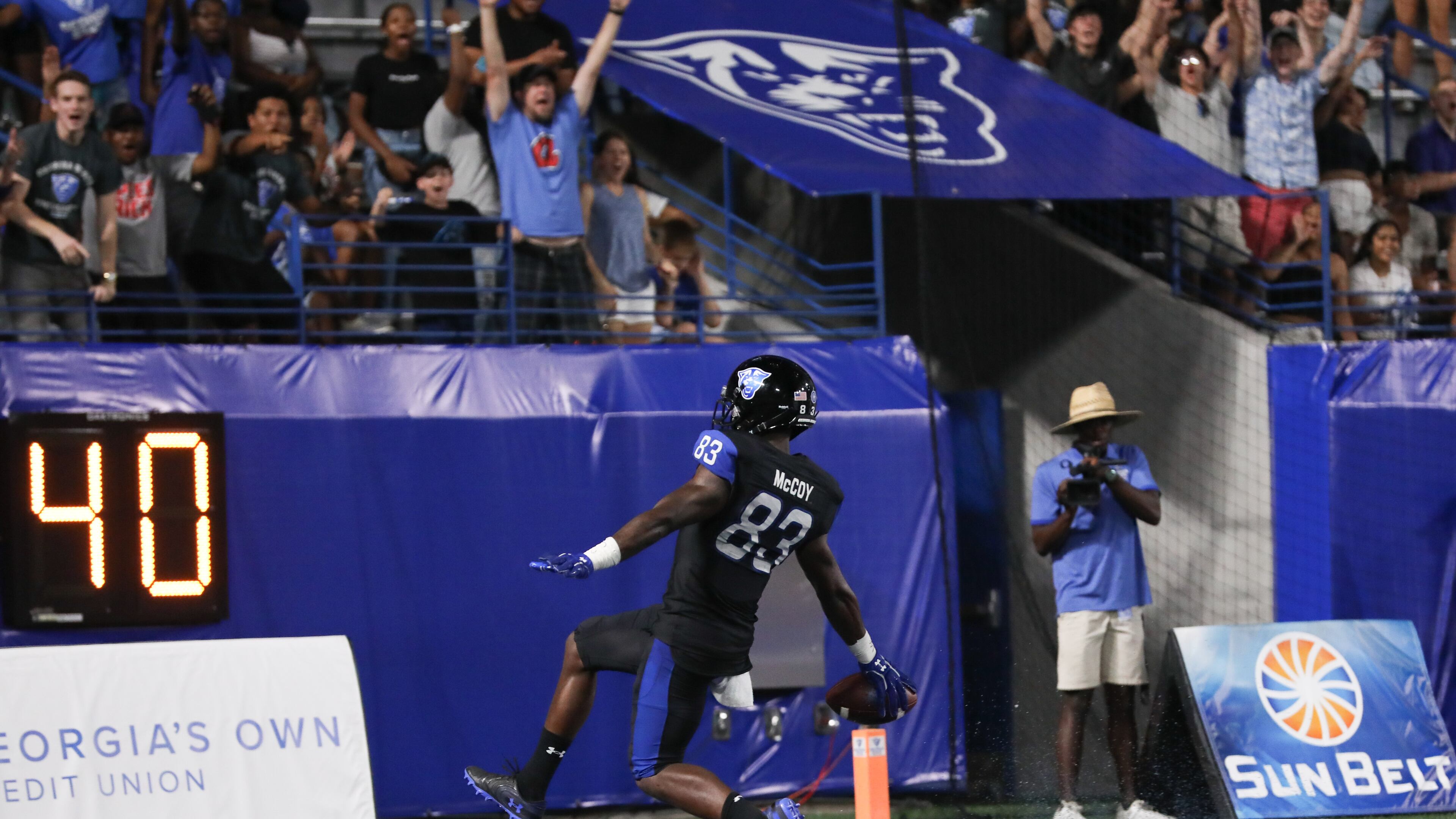 Georgia State Panthers wide receiver Cornelius McCoy (83) scores a touchdown against Furman Paladins during the second half of a college football game at Georgia State Stadium, Saturday, Sept. 7, 2019, in Atlanta.