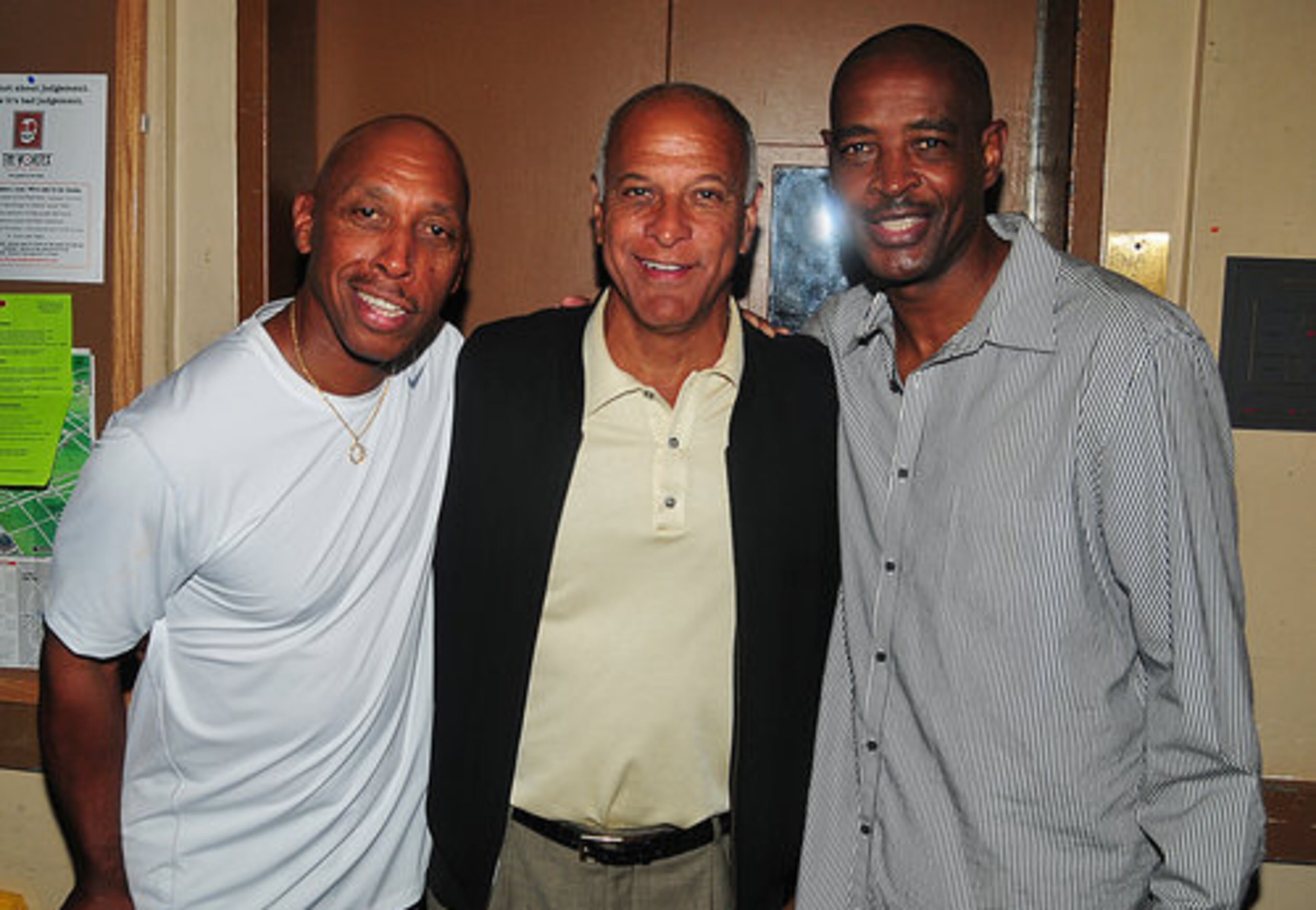Jeffery Osborne, former Atlanta Mayor Bill Campbell and Hawks coach Larry Drew take a photo backstage at the Fox Theatre.