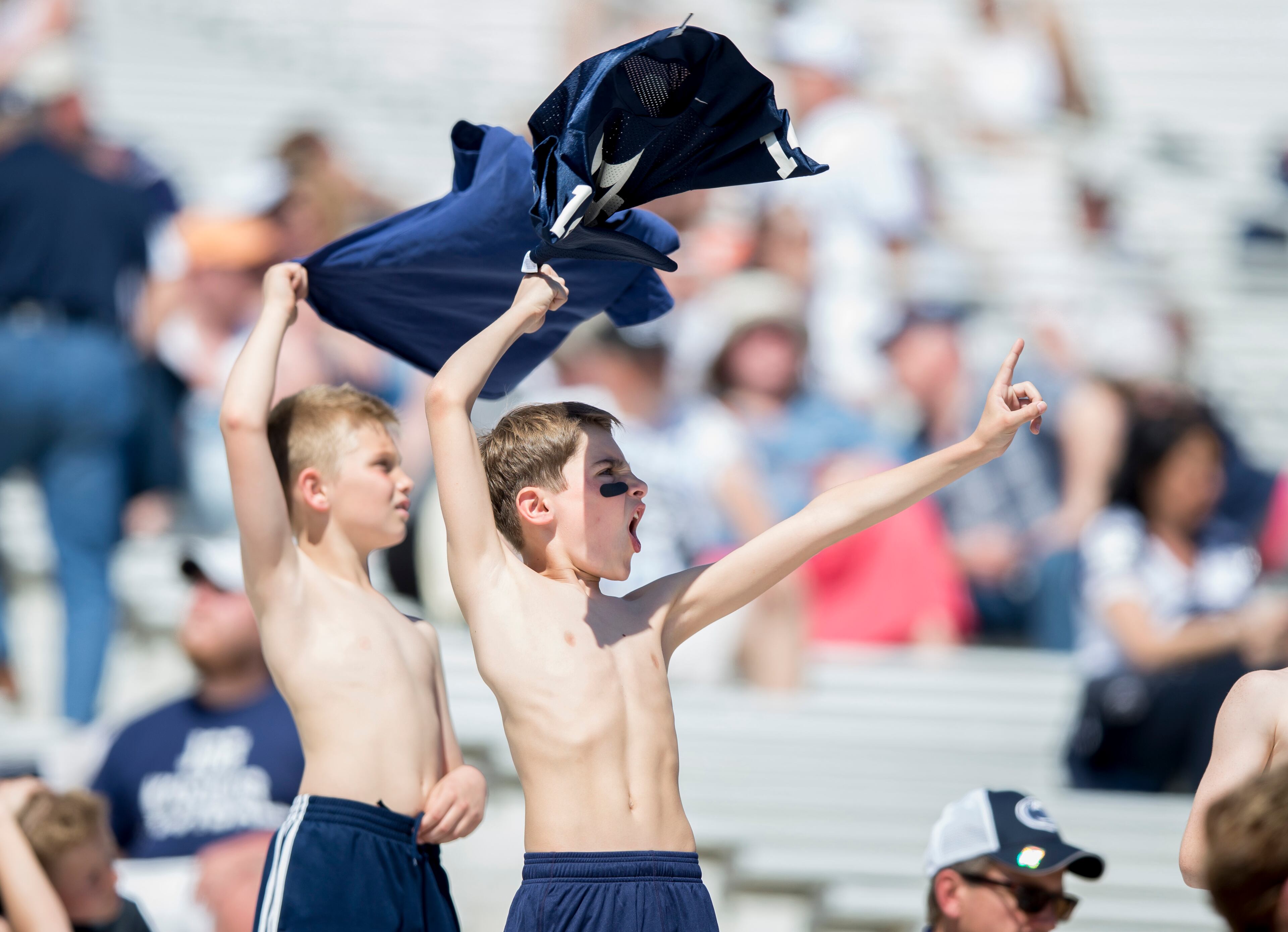 Penn State fans cheer during the Blue-White spring NCAA college football game, Saturday, April 16, 2016, in State College, Pa. (Joe Hermitt/PennLive.com via AP)