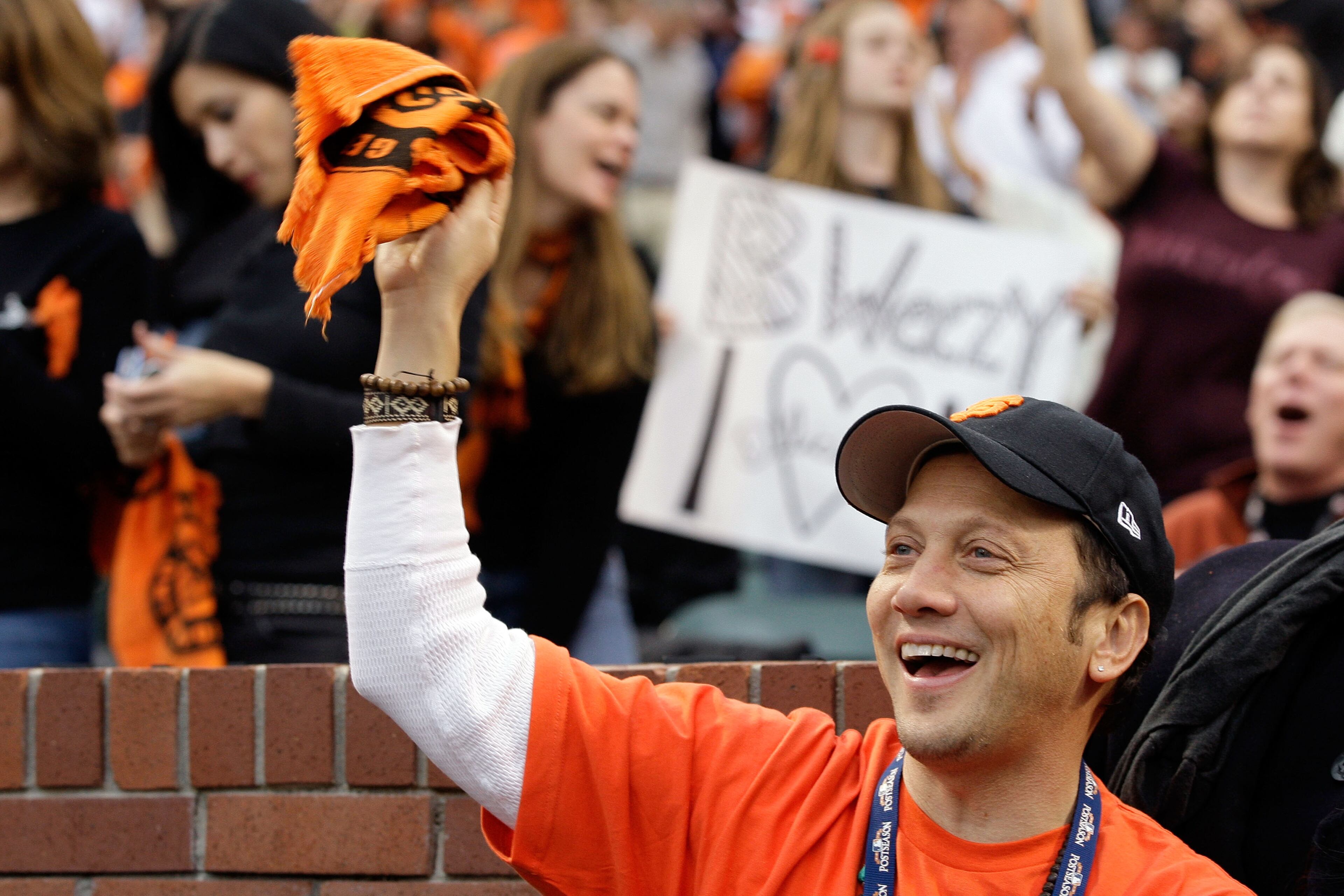 Actor Rob Schneider cheers on the San Francisco Giants as they take on the Texas Rangers in Game 2 of the 2010 MLB World Series at AT&T Park on Oct. 28, 2010, in San Francisco.