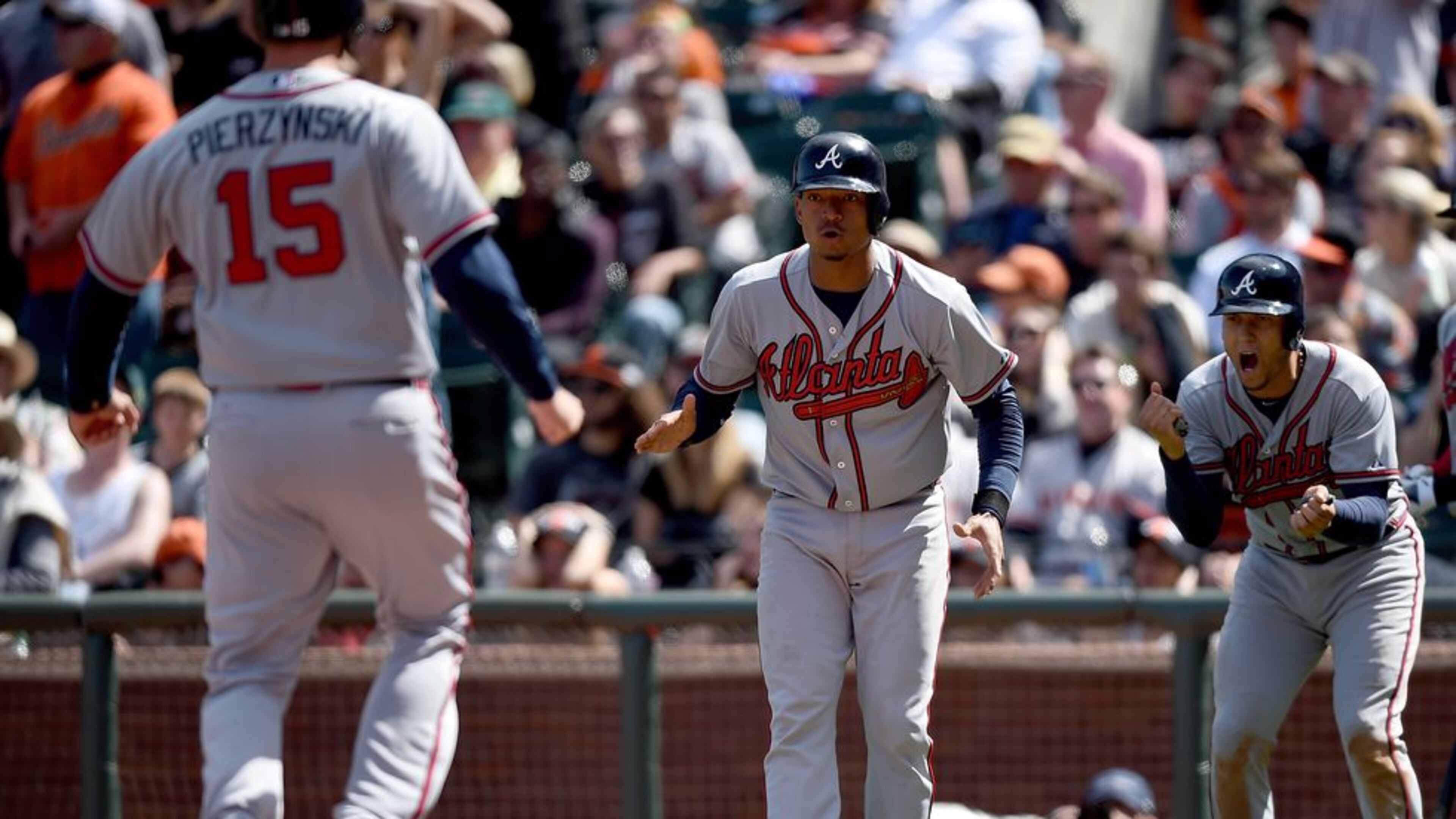 Three Braves scored here on Jace Peterson's decisive triple in the ninth inning Sunday, but it was Freddie Freeman's homer earlier that triggered the rally. (AP photo)