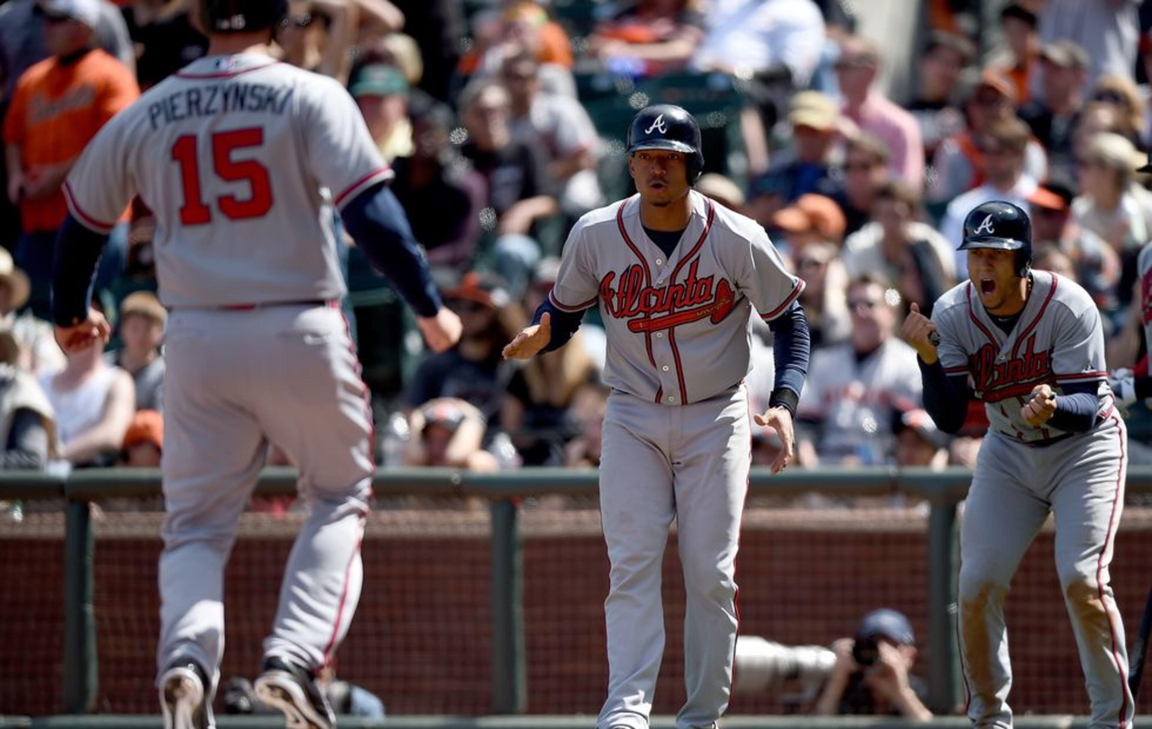 Three Braves scored here on Jace Peterson's decisive triple in the ninth inning Sunday, but it was Freddie Freeman's homer earlier that triggered the rally. (AP photo)