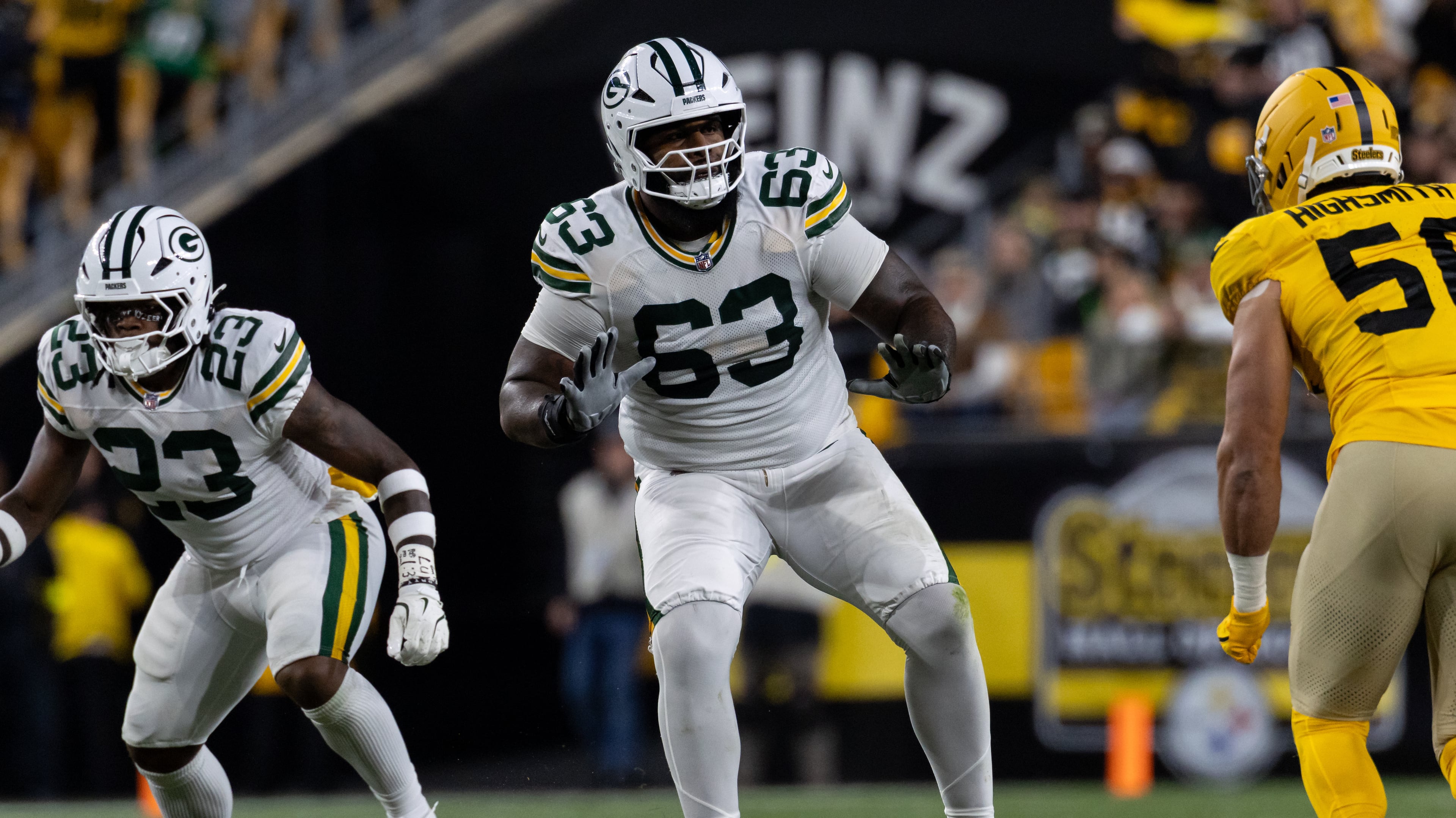 FILE - Green Bay Packers offensive tackle Rasheed Walker (63) blocks during an NFL football game, Sunday, Oct. 26, 2025, in Pittsburgh. (AP Photo/Matt Durisko, File)