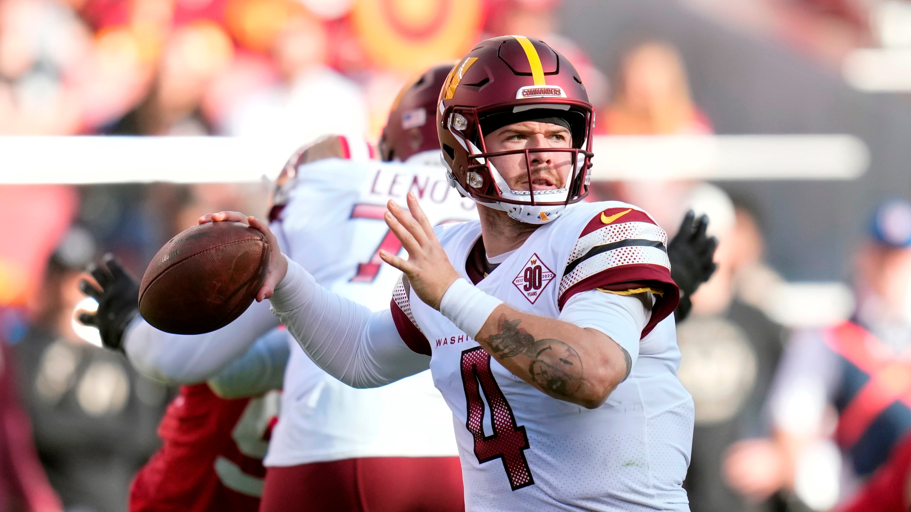 FILE - Washington Commanders quarterback Taylor Heinicke throws a pass in the first half of an NFL football game against the San Francisco 49ers, Dec. 24, 2022, in Santa Clara, Calif. (AP Photo/Godofredo A. Vásquez, File)