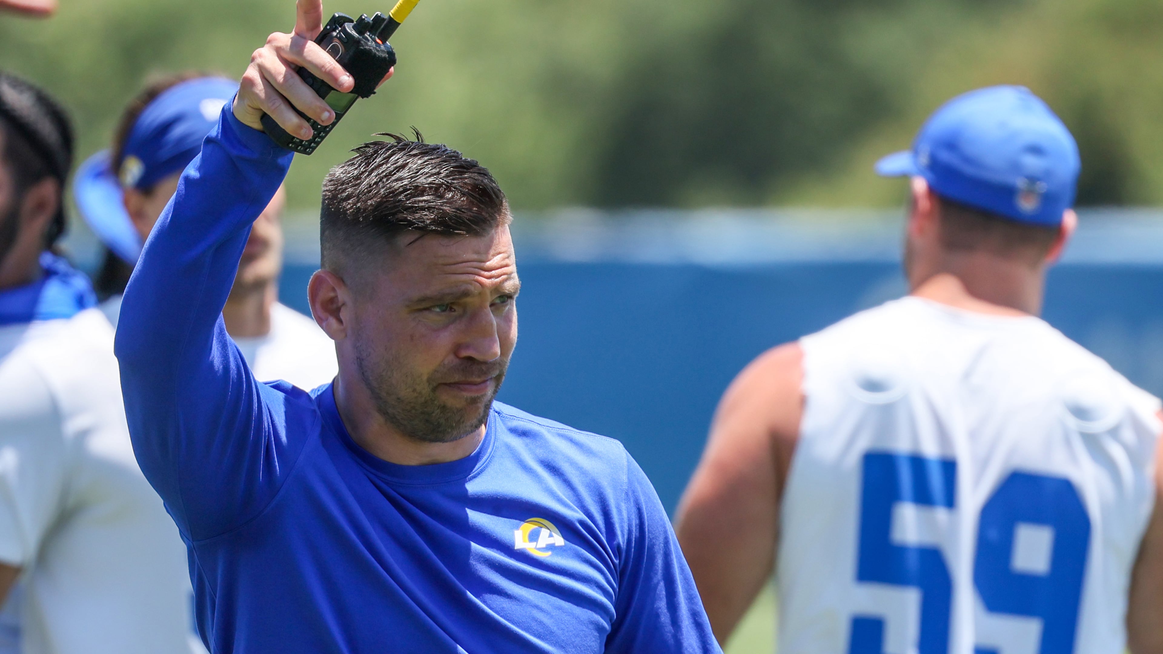 Los Angeles Rams defensive coordinator Chris Shula — pictured during a June 2024 practice — is a possible option to become Atlanta's next head coach after Raheem Morris was fired Sunday. (Robert Gauthier/TNS)