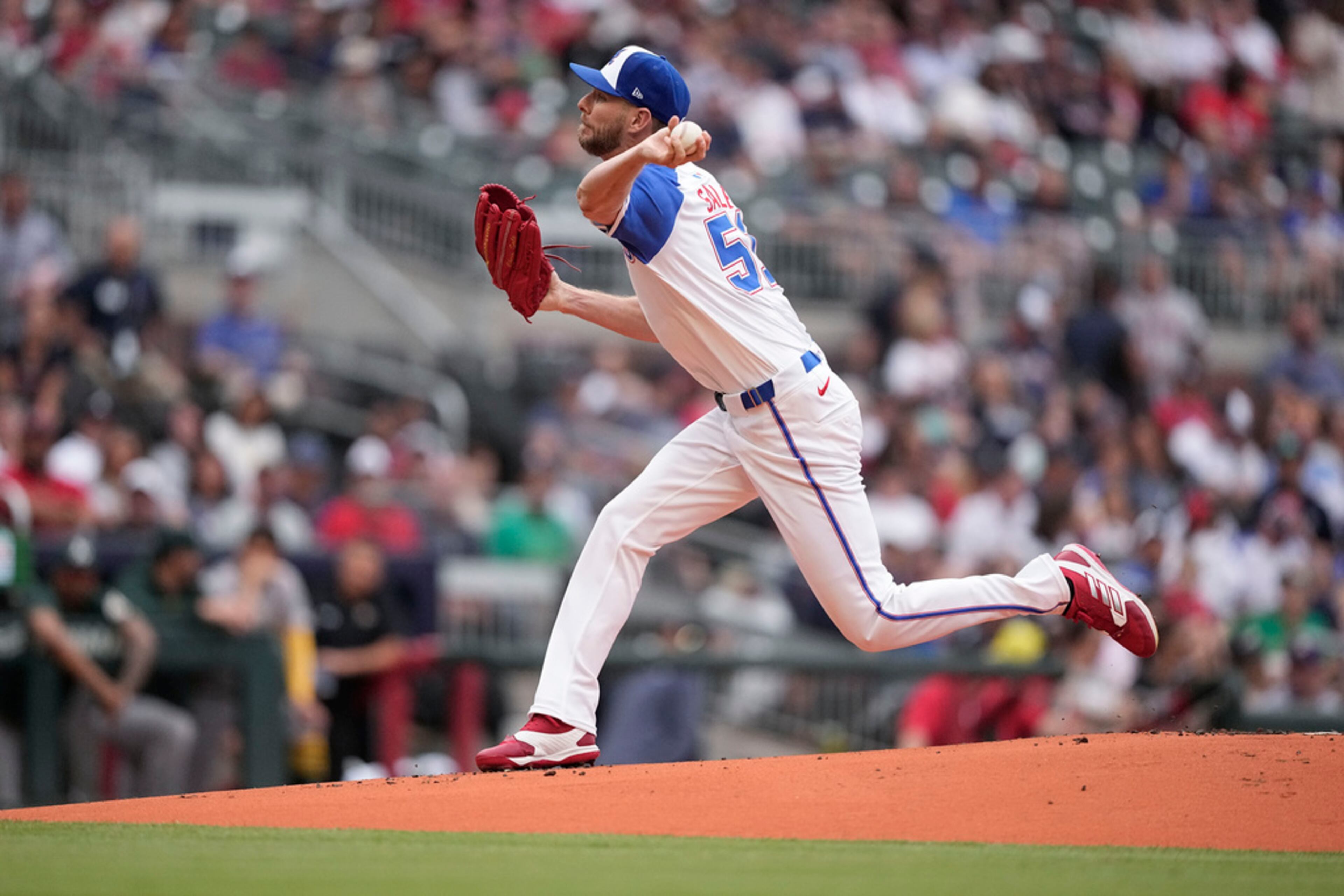 Atlanta Braves pitcher Chris Sale (51) delivers in the first inning of a baseball game against the Oakland Athletics, Saturday, June 1, 2024, in Atlanta. (AP Photo/Brynn Anderson)