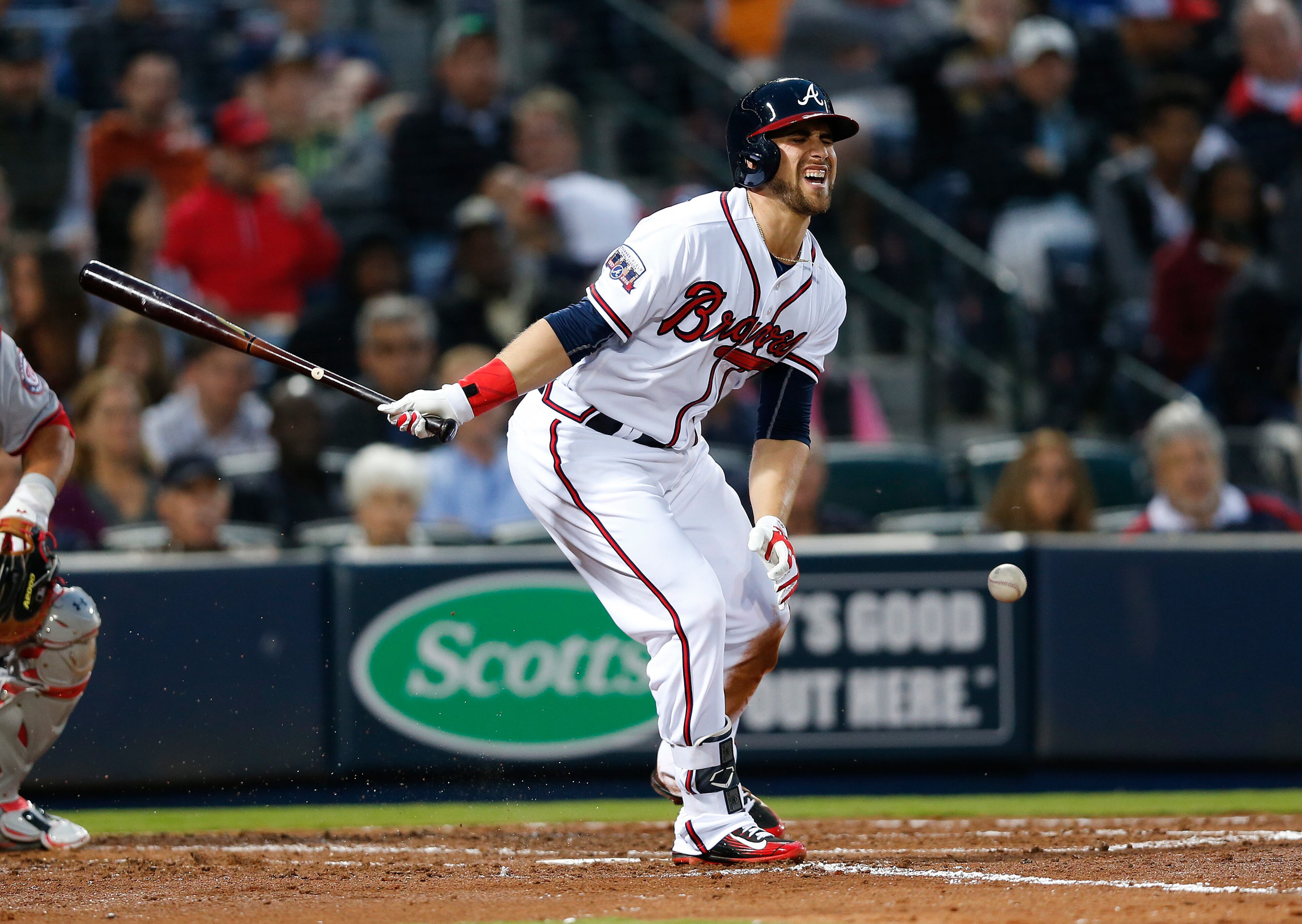 Braves' Ender Inciarte (11) reacts after fouling a pitch from Washington Nationals starting pitcher Stephen Strasburg. (AP Photo/John Bazemore)