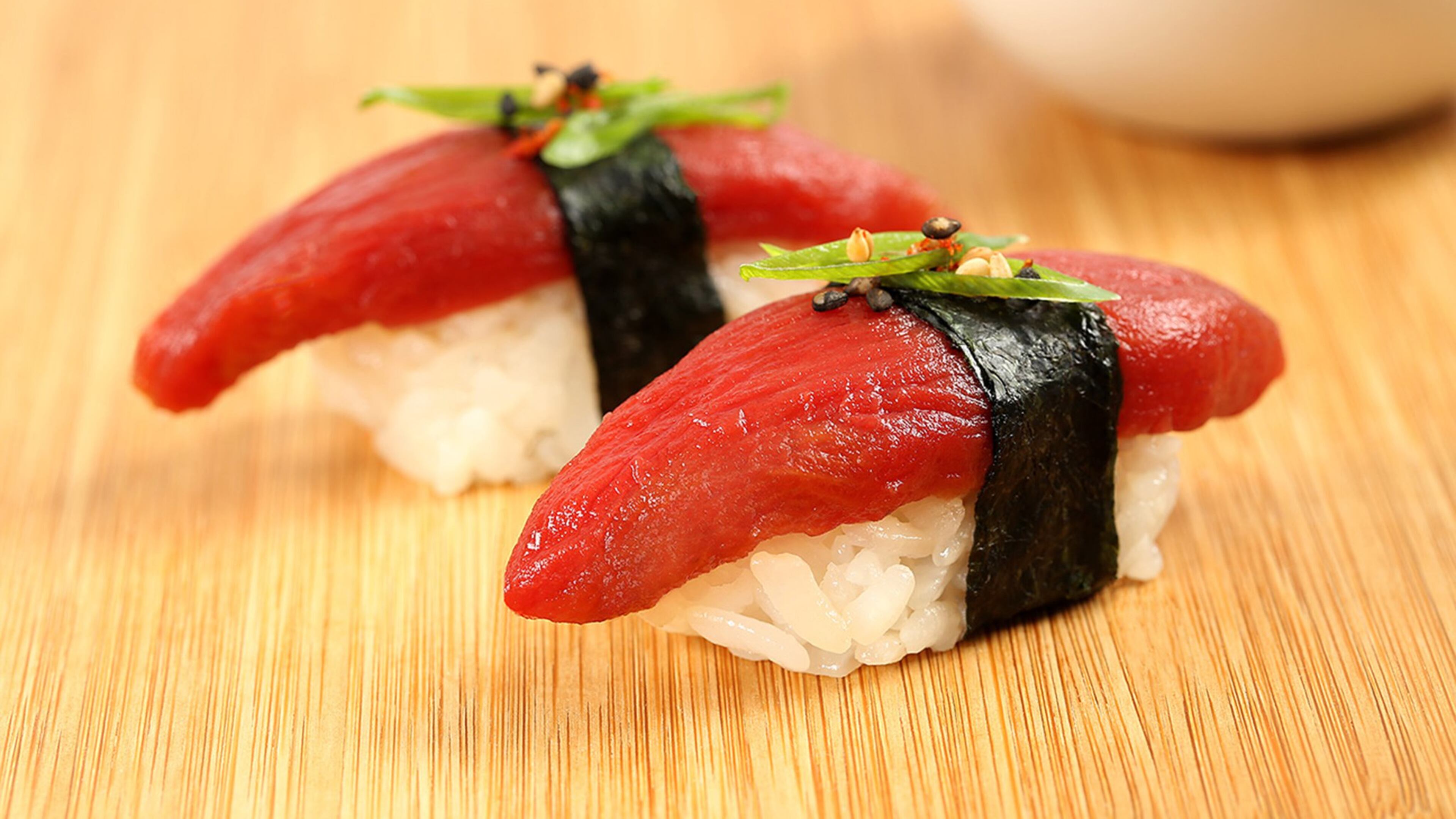 The new vegan “tuna” product Ahimi is seen on top of sushi rice as classic nigiri. (Lou Manna)