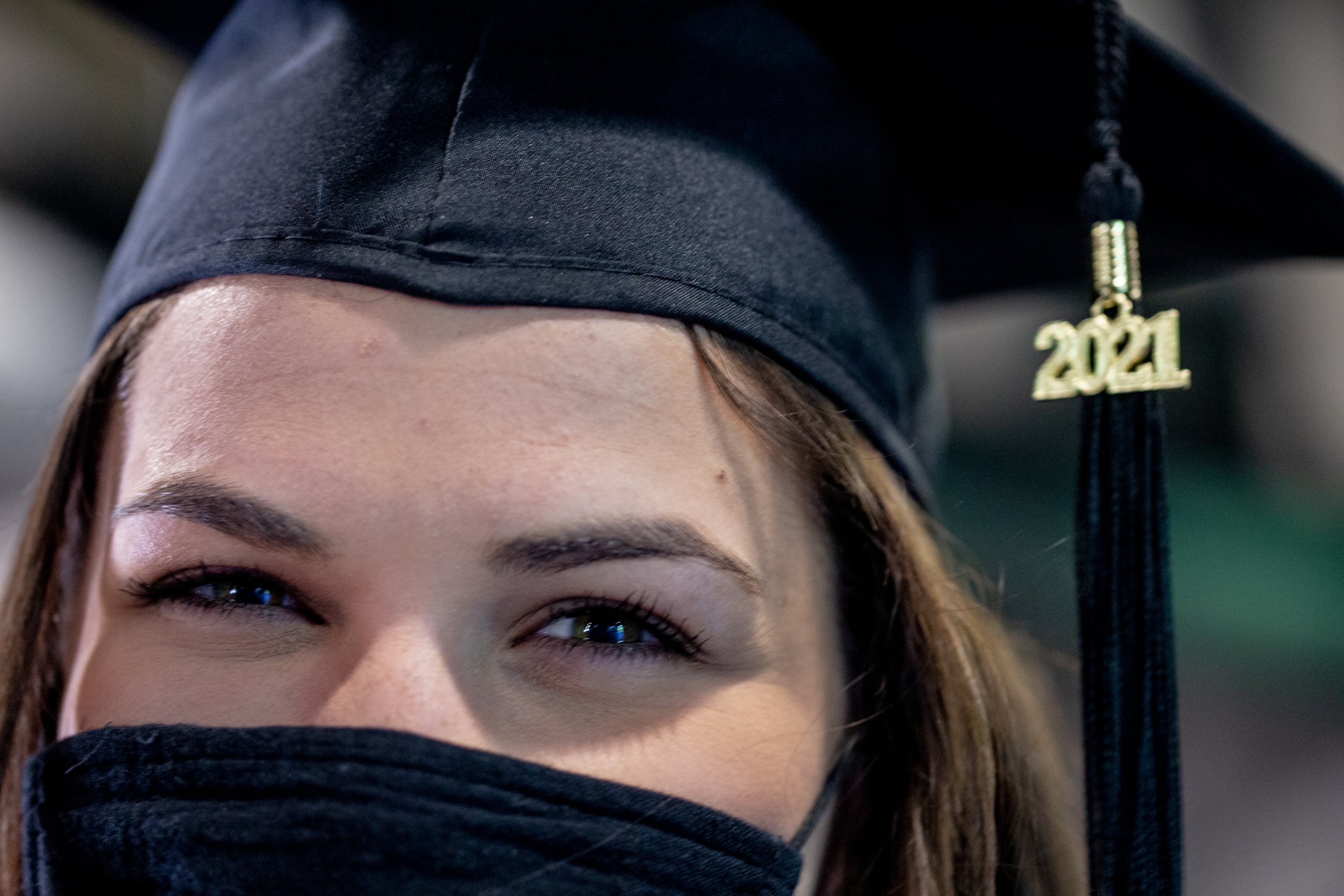 After Georgia State University graduation at Center Parc Stadium, Rebekah Brodbeck is headed to graduate school after receiving her marketing degree Thursday, May 6, 2021. The school adjusted for the pandemic with graduates placed in pods where they celebrate with friends and family as their names are read, rather than walking the stage. GSU graduated 5000 students this year. (Jenni Girtman for The Atlanta Journal - Constitution)