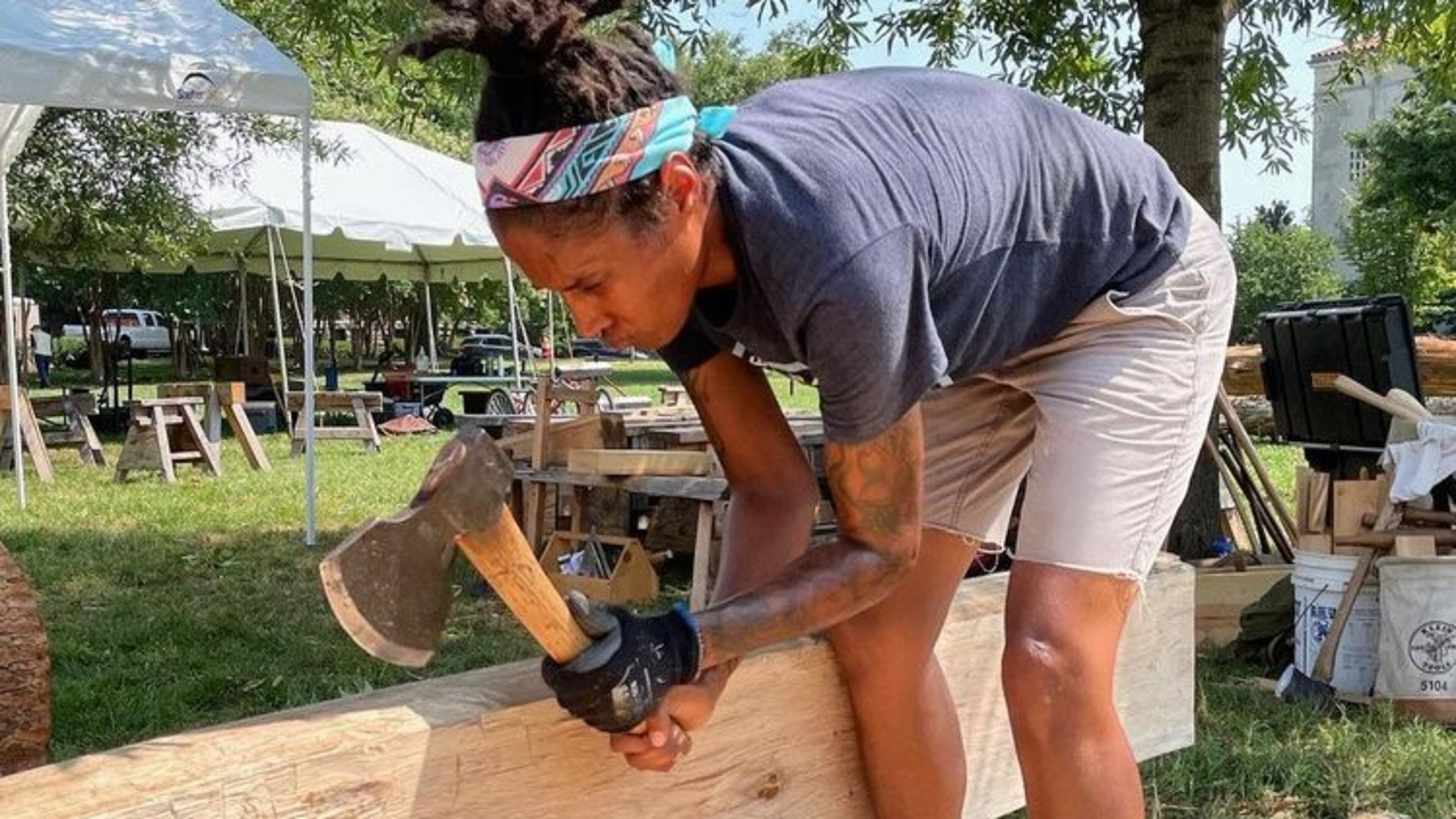 Volunteers with the non-profit Handshouse Studio built a full-size, three-ton replica of one of the mortise-and-tenon trusses from the roof of the Notre-Dame Cathedral to draw attention to the effort to repair the cathedral. That truss is on display at the Millennium Gate Museum in Atlanta through April 24. Photo: Handshouse Studio