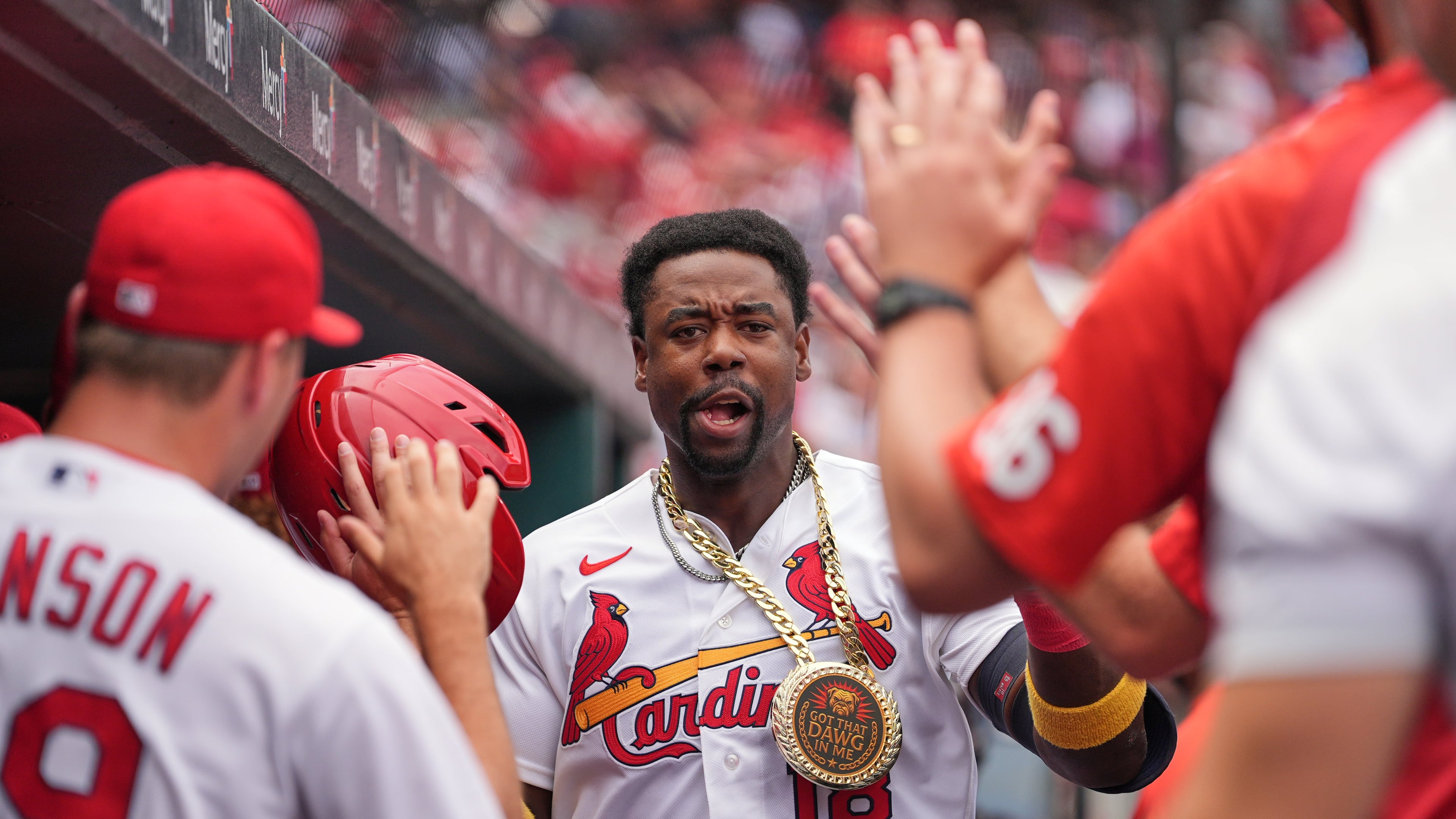 St. Louis Cardinals' Jordan Walker is congratulated by teammates after hitting a two-run home run during the first inning in the first game of a baseball doubleheader against the Milwaukee Brewers Tuesday, July 7, 2026, in St. Louis. (AP Photo/Jeff Roberson)