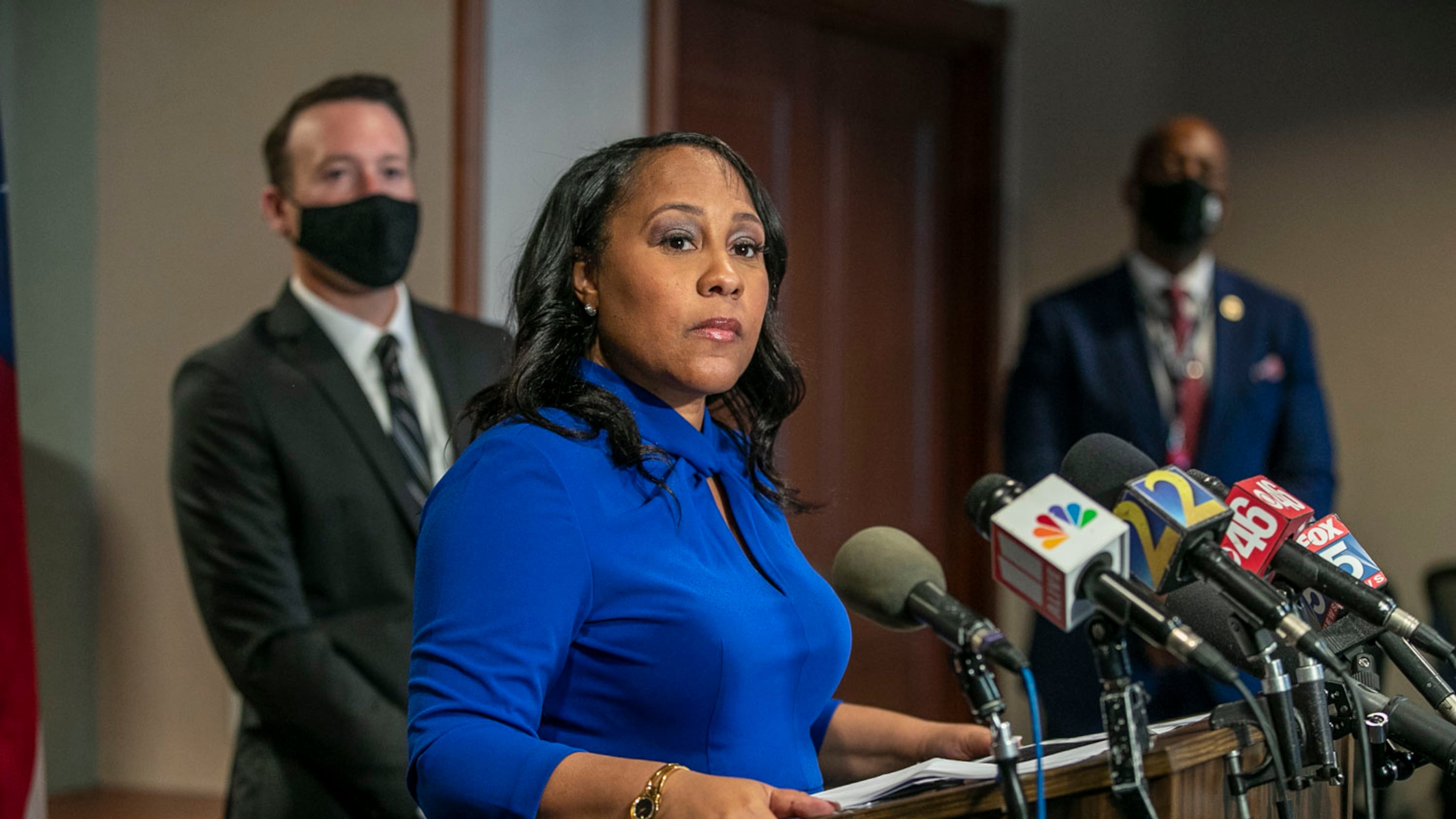 Fulton County District Attorney Fani Willis speaks during a press conference in the District Attorney's office at the Fulton County Courthouse in downtown Atlanta, Monday, August 30, 2021. The press conference took place following Robert Aaron Long's appearance in front of Fulton County Superior Court Judge Ural Glanville. (Alyssa Pointer/Atlanta Journal-Constitution/TNS)