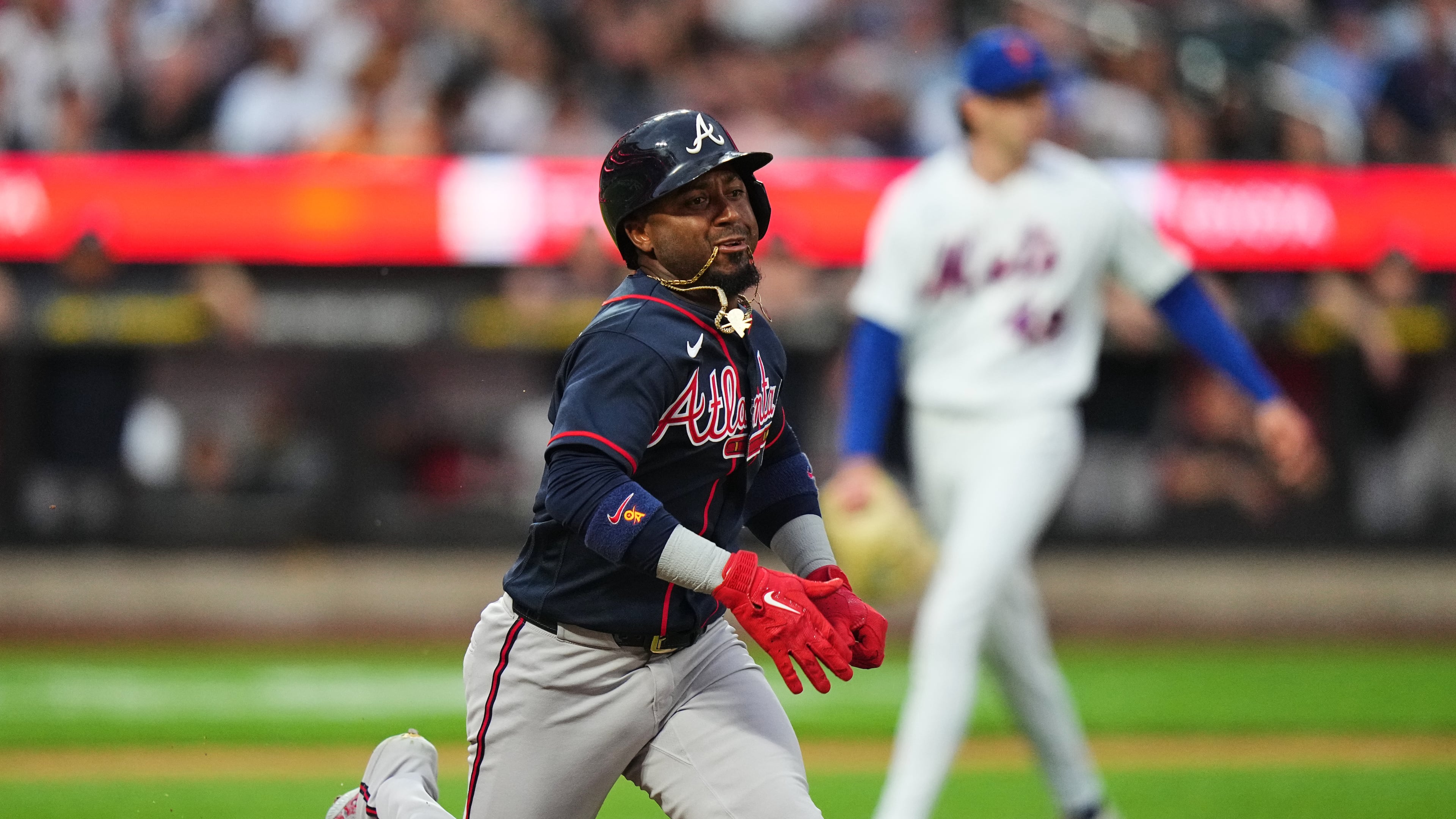 Atlanta Braves' Ozzie Albies runs to first base for a single during the first inning of a baseball game against the New York Mets Monday, July 27, 2026, in New York. (Frank Franklin II/AP)