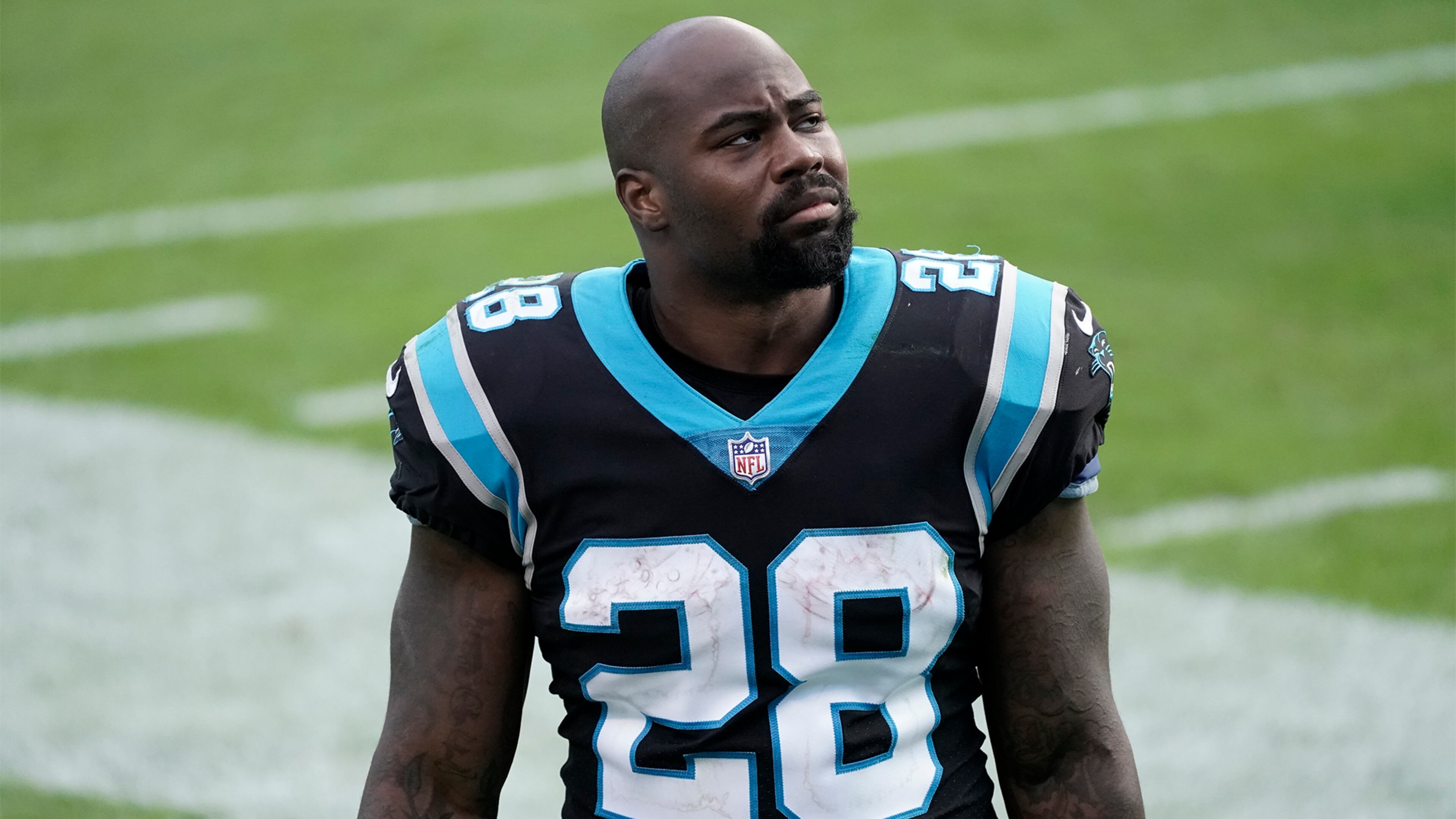 Carolina Panthers running back Mike Davis (28) leaves the field after 46-23 loss to the Tampa Bay Buccaneers, Sunday, Nov. 15, 2020, in Charlotte, N.C. (Gerry Broome/AP)