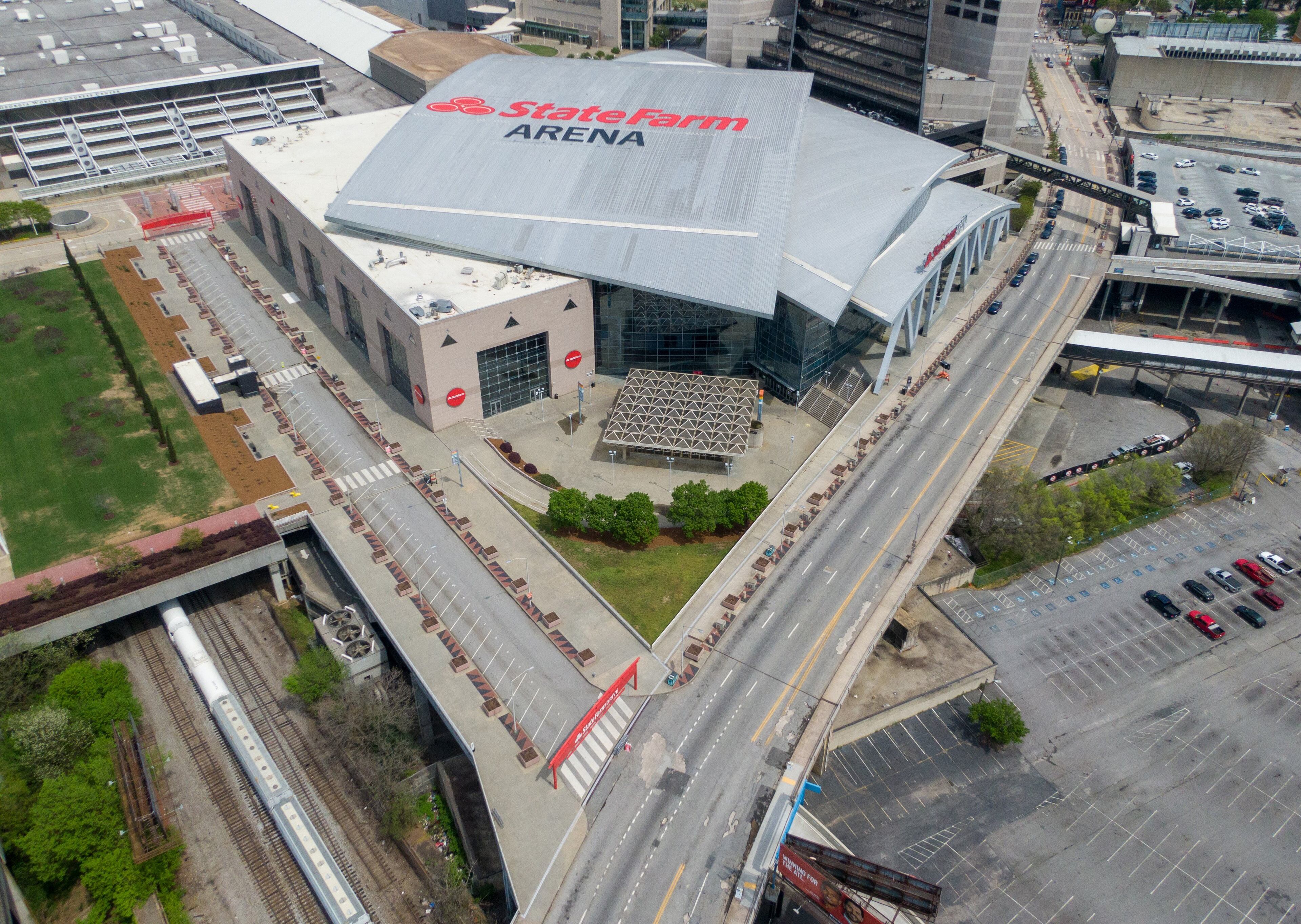 This aerial photo shows empty streets near the Mercedes-Benz Stadium in downtown Atlanta, where the Final Four would have been held. (Hyosub Shin / Hyosub.Shin@ajc.com)