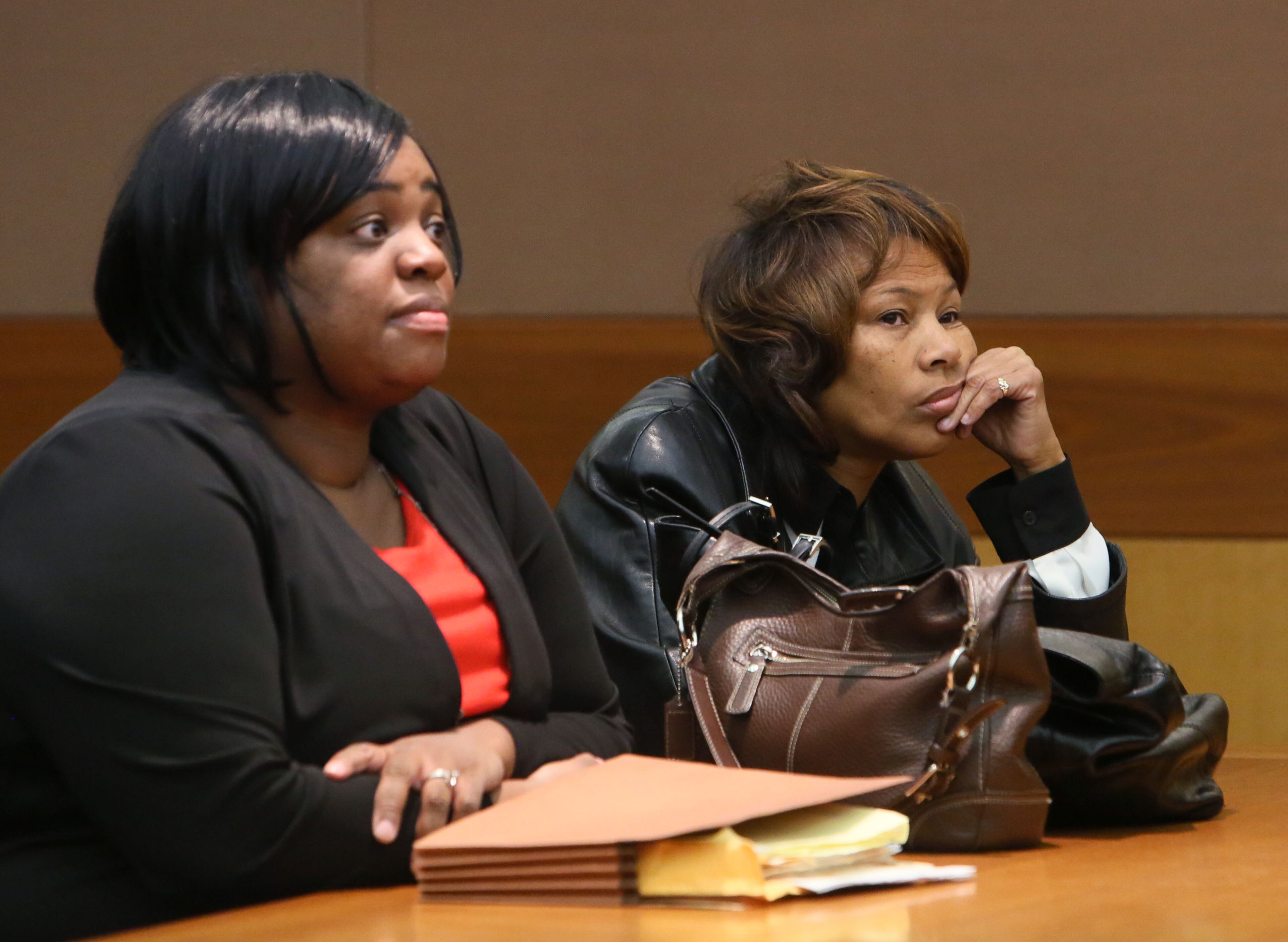 Pamela Cleveland sits with her attorney, Annette Greene. A judge denied requests Friday to silence potentially damaging testimony against former Atlanta educators accused of cheating on standardized tests. Lawyers for the defendants argued in court that their clients weren’t part of a scheme to change students’ answers, but Fulton County Superior Court Judge Jerry Baxter rejected their motions to suppress hearsay statements from alleged co-conspirators. Prosecutors said the teachers and administrators cheated so they could meet high standards set by Superintendent Beverly Hall, who also faces criminal charges, and so they could receive bonus pay for meeting academic targets. Baxter ruled against former Dunbar Elementary testing coordinator Lera Middlebrooks, former Deerwood Academy Assistant Principal Tabeeka Jordan and former Dobbs Elementary teacher Dessa Curb. He also denied a motion by former Dunbar Elementary teacher Pamela Cleveland, who had sought to disallow statements given to GBI investigators from being used against her. BOB ANDRES / BANDRES@AJC.COM