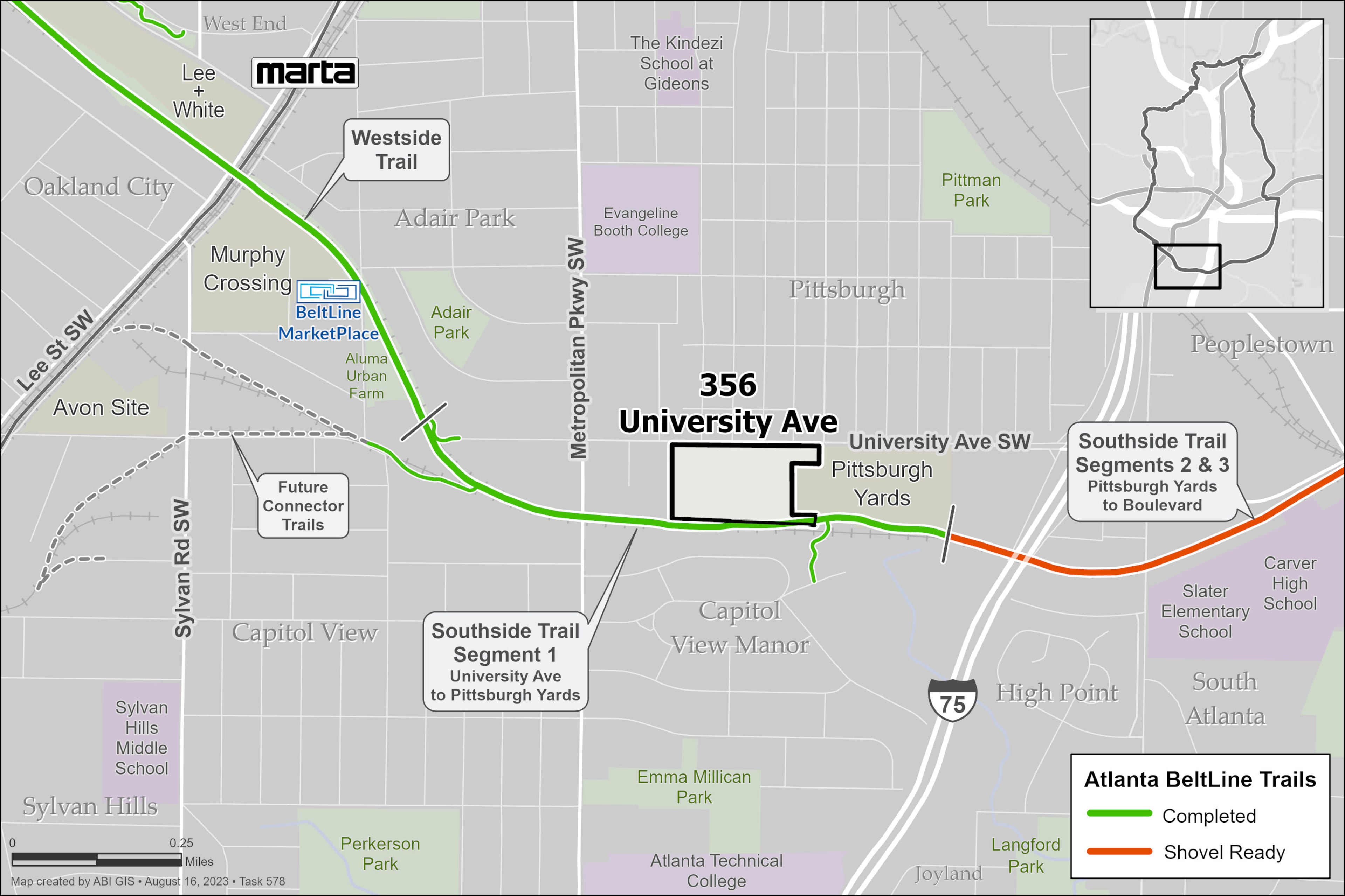 This is a map of the Atlanta Beltline Southside Trail, where the Beltline purchased 13.7 acres next to Pittsburgh Yards.