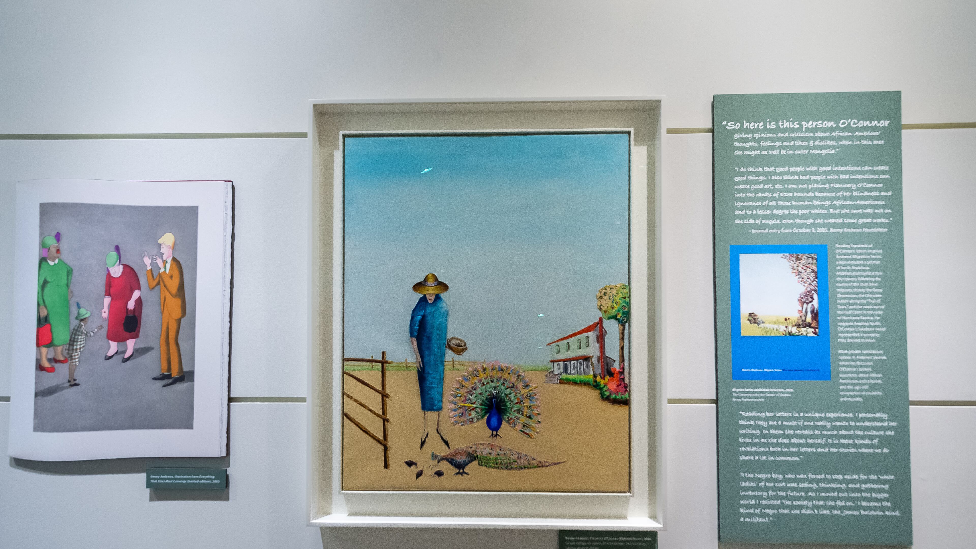 A reproduction of an illustration by Benny Andrews, left, is featured in O’Connor’s “Everything That Rises Must Converge.” In the "At the Crossroads with Benny Andrews, Flannery O’Connor and Alice Walker" exhibit, it hangs next to an original work by Andrews, “Flannery O’Connor (Migrant Series)” (2004). Benny Andrews Estate, courtesy of Michael Rosenfeld Gallery LLC, New York.