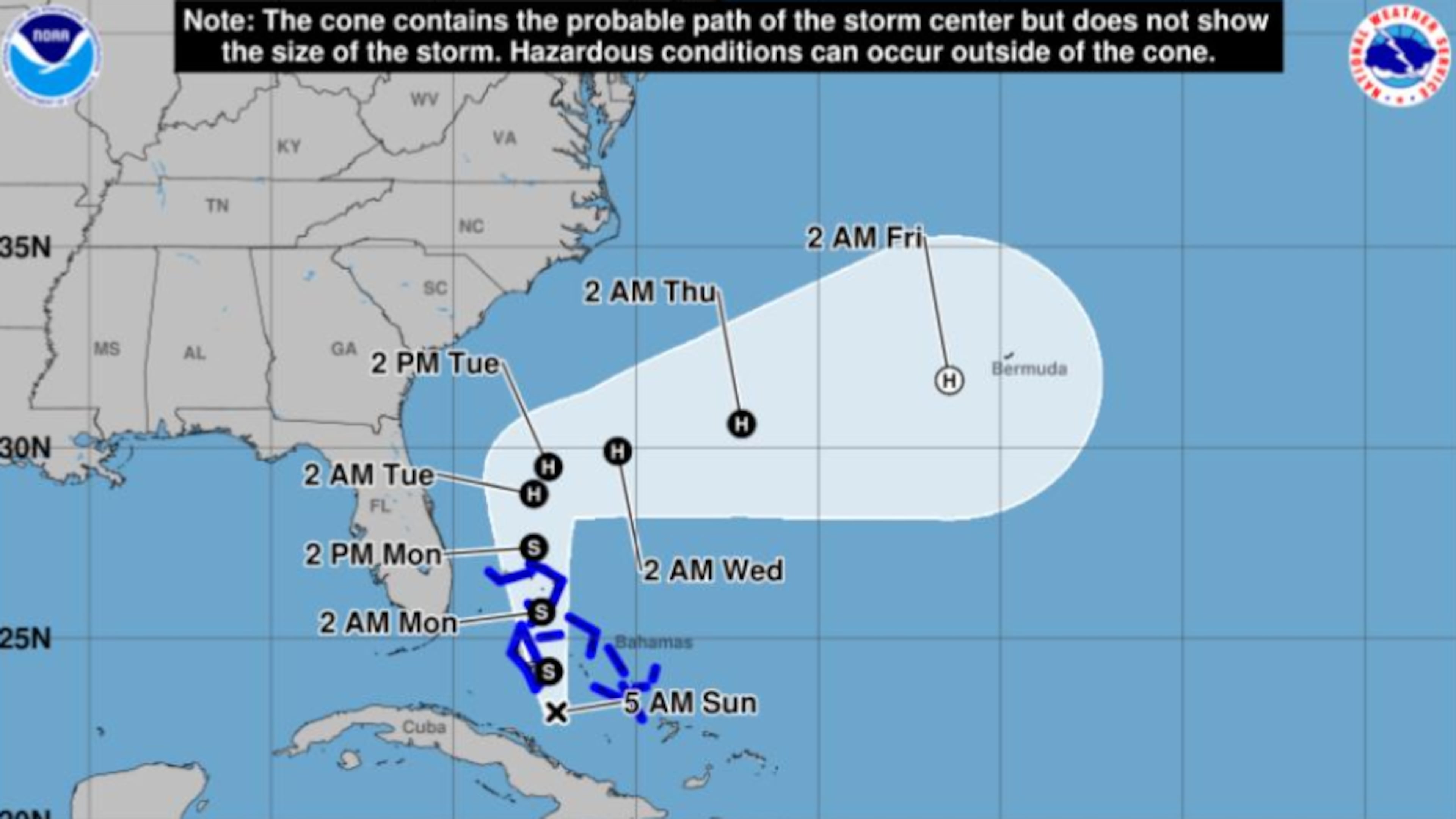 The National Hurricane Center released a possible track of Tropical Storm Imelda on Sunday that is projected to eventually trend east and should have limited effects for much of Georgia, officials said. (Courtesy of the National Hurricane Center).