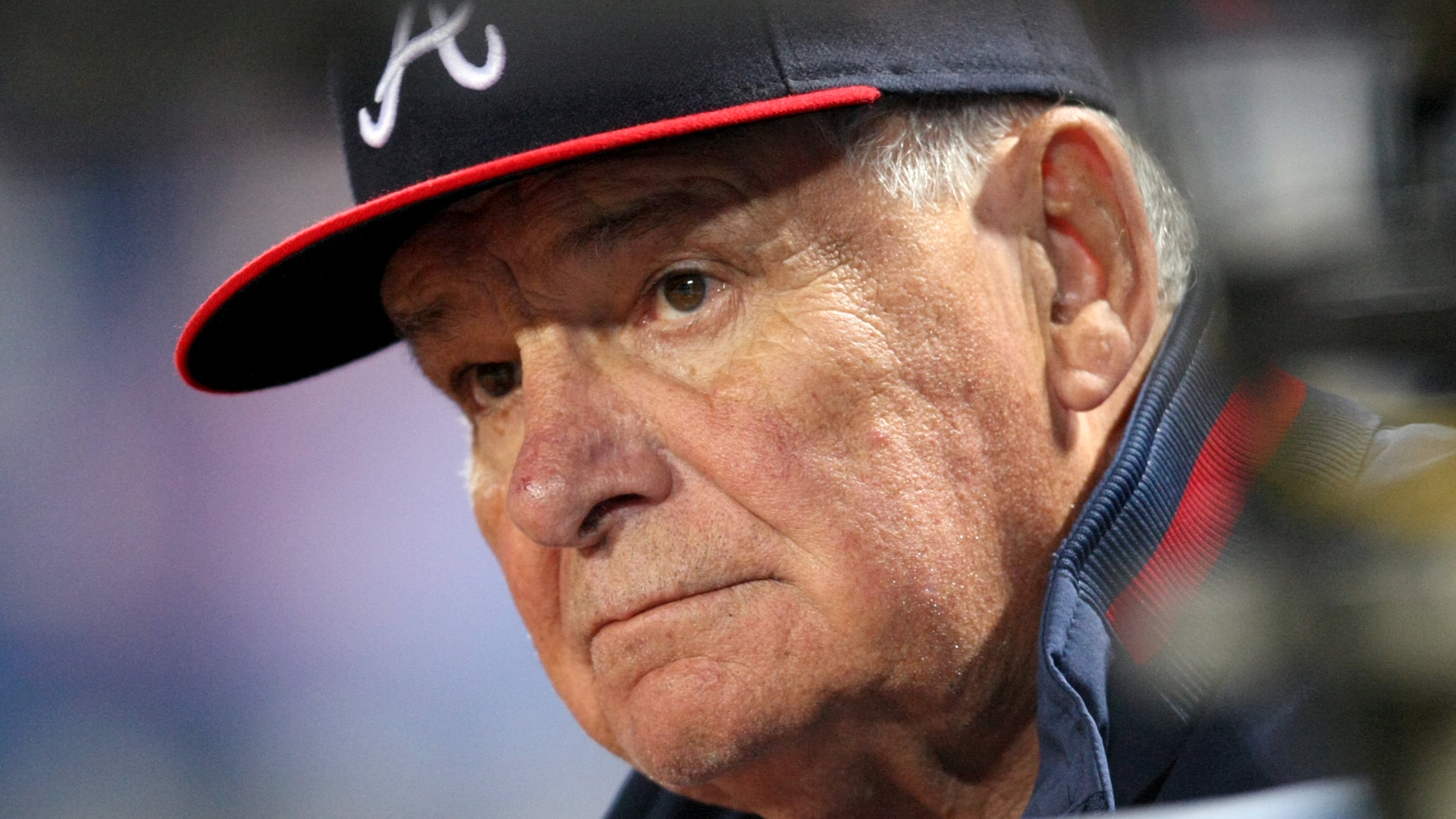 Atlanta Braves manager Bobby Cox is pictured during a game against the Philadelphia Phillies at Turner Field on April 20, 2010. Cox died Saturday, May 9, 2026, at the age of 84. (Jason Getz/AJC)