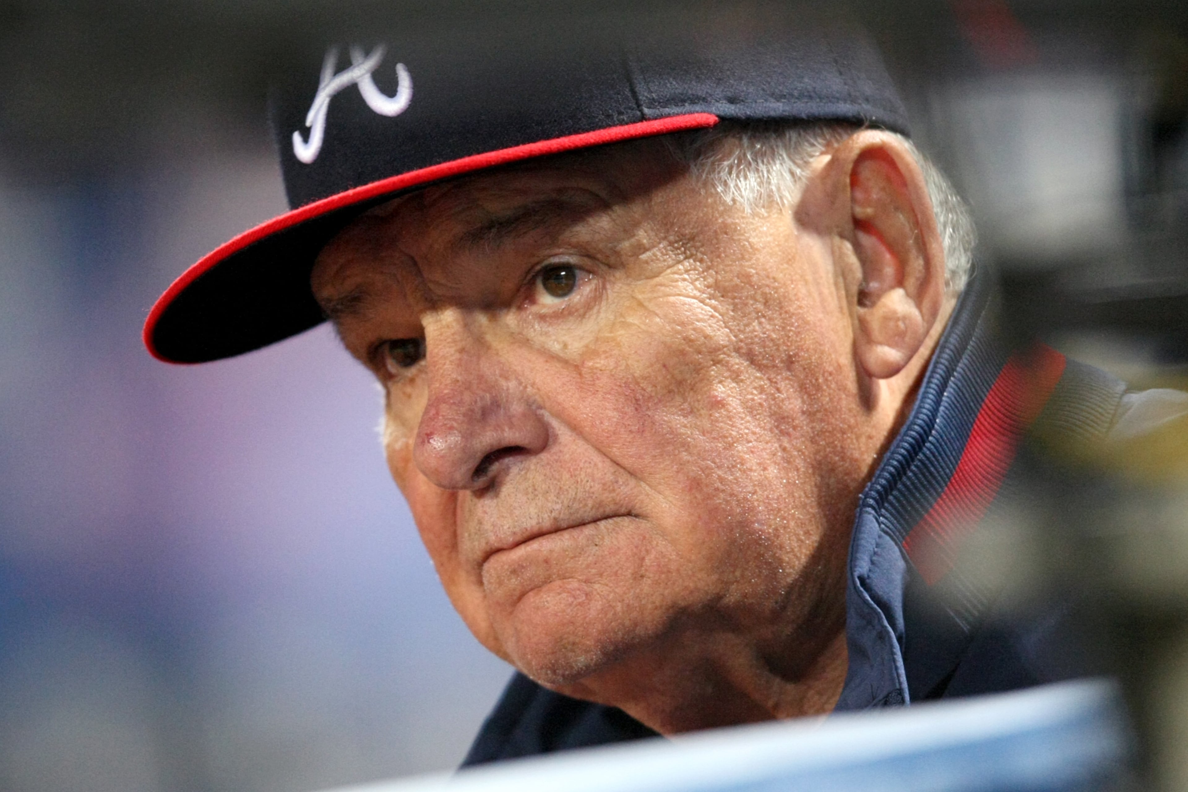 Atlanta Braves manager Bobby Cox stands near the tunnel in the dugout during an at bat in their game against the Philadelphia Phillies at Turner Field Tuesday evening in Atlanta, Ga., April 20, 2010. Jason Getz, jgetz@ajc.com