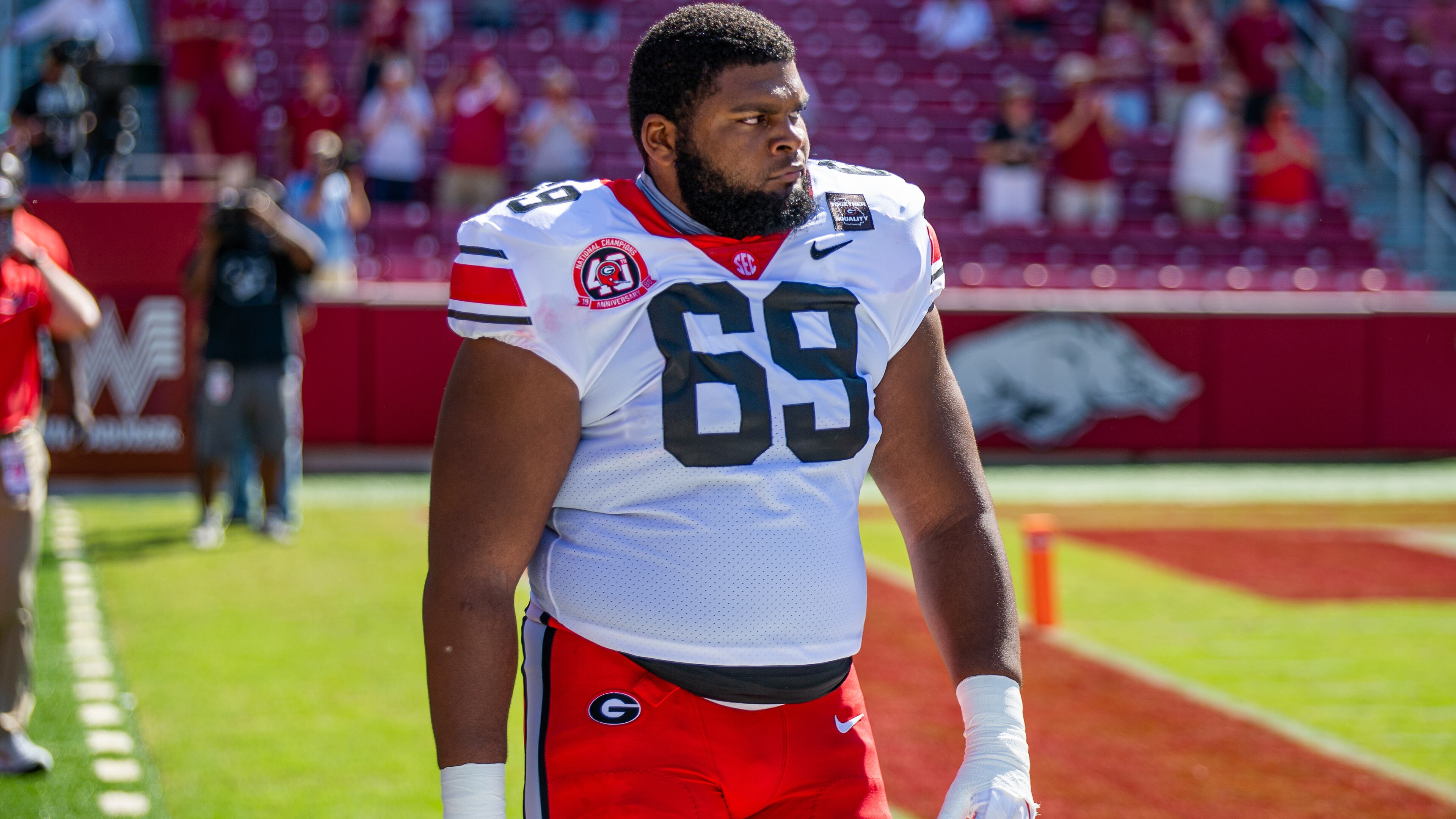 Georgia offensive guard Jamaree Salyer prepares as the Bulldogs open season
Saturday, Sept. 26, 2020, against Arkansas in Fayetteville. (Arkansas Athletics)