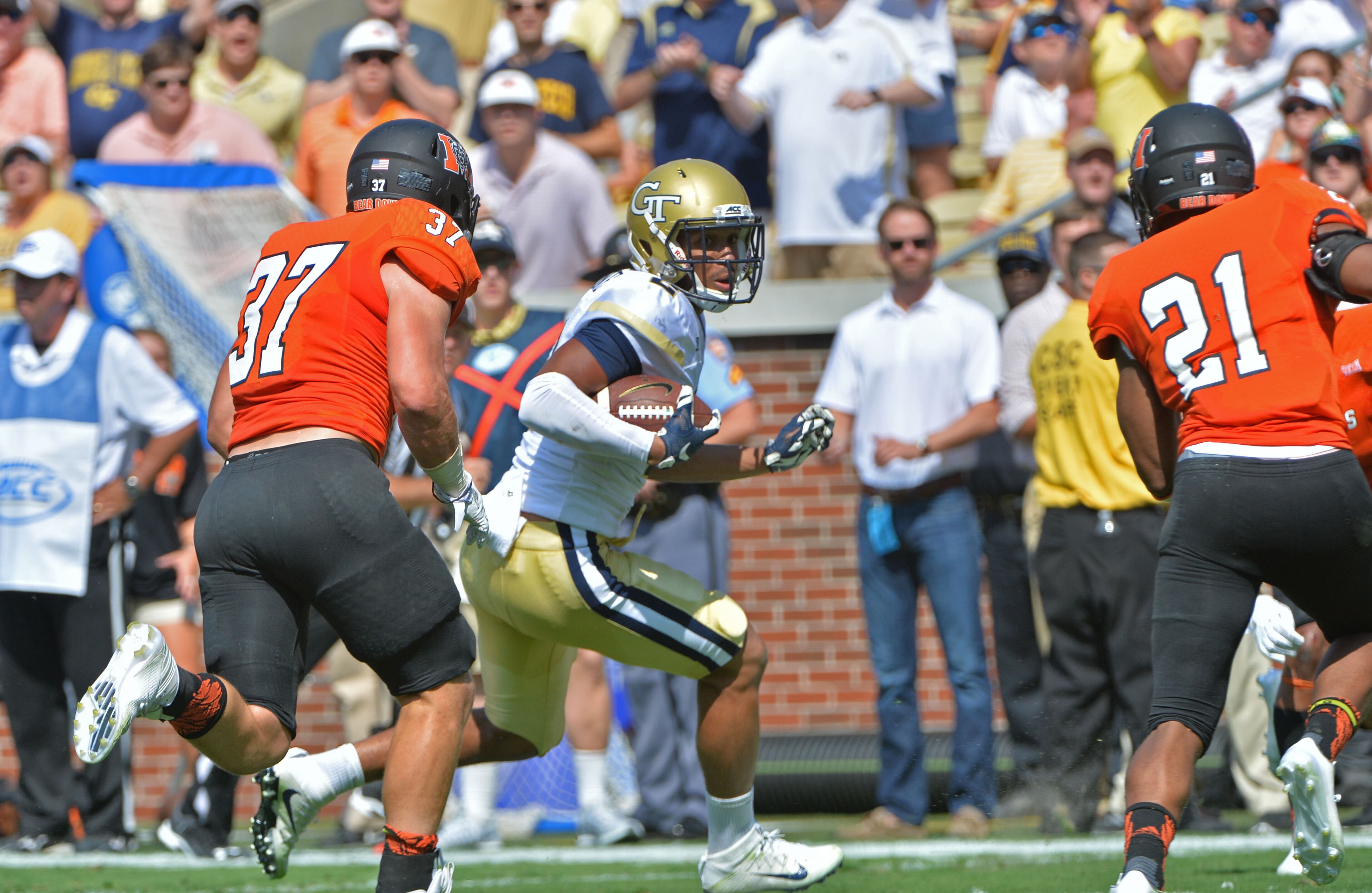 September 10, 2016 Atlanta - Georgia Tech Yellow Jackets wide receiver Ricky Jeune (2) runs against Mercer Bears linebacker Tyler Ward (37) and Mercer Bears defensive back Zach Jackson (21) in the first half at Bobby Dodd Stadium on Saturday, September 10, 2016. HYOSUB SHIN / HSHIN@AJC.COM