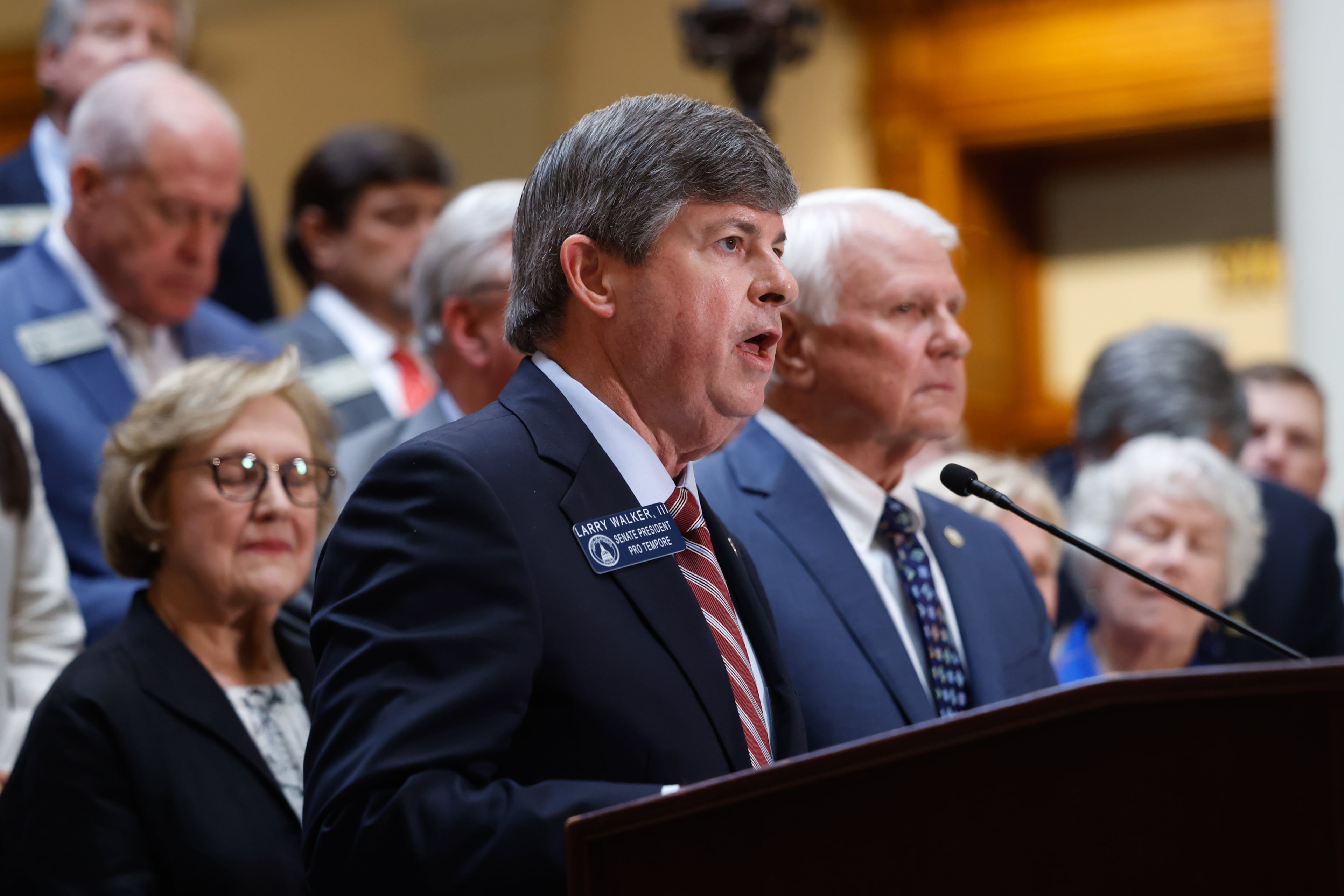 Georgia Senate President Pro Tem Larry Walker III, center, was among lawmakers who signed a letter highlighting Republican support for gubernatorial nominee Rick Jackson in the House and Senate. (Arvin Temkar/AJC)