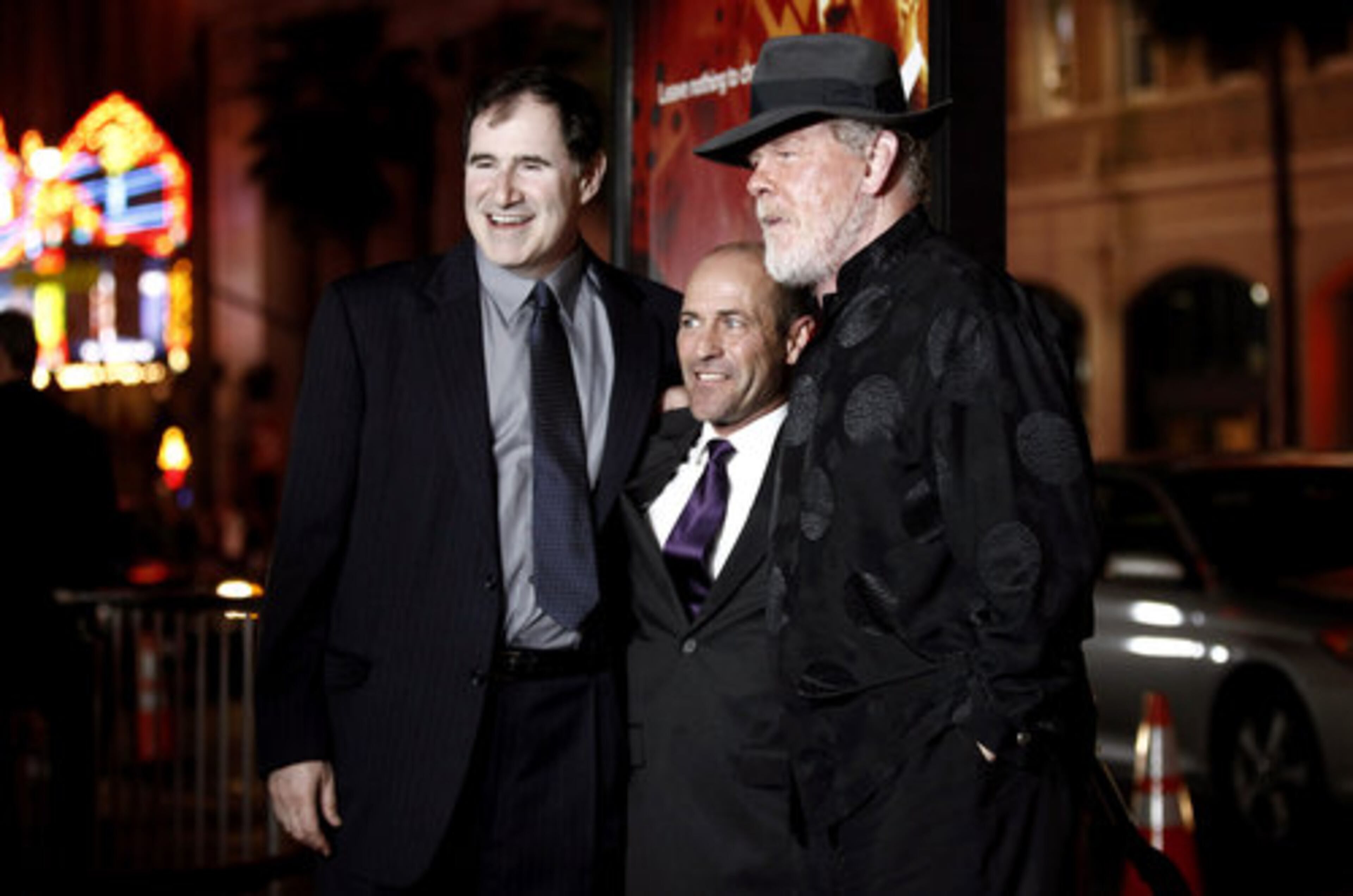 Cast members Richard Kind, left, Gary Stevens, center, and Nick Nolte pose together at the premiere for the HBO television series "Luck." The first episode of "Luck" airs Jan. 29, 2012.