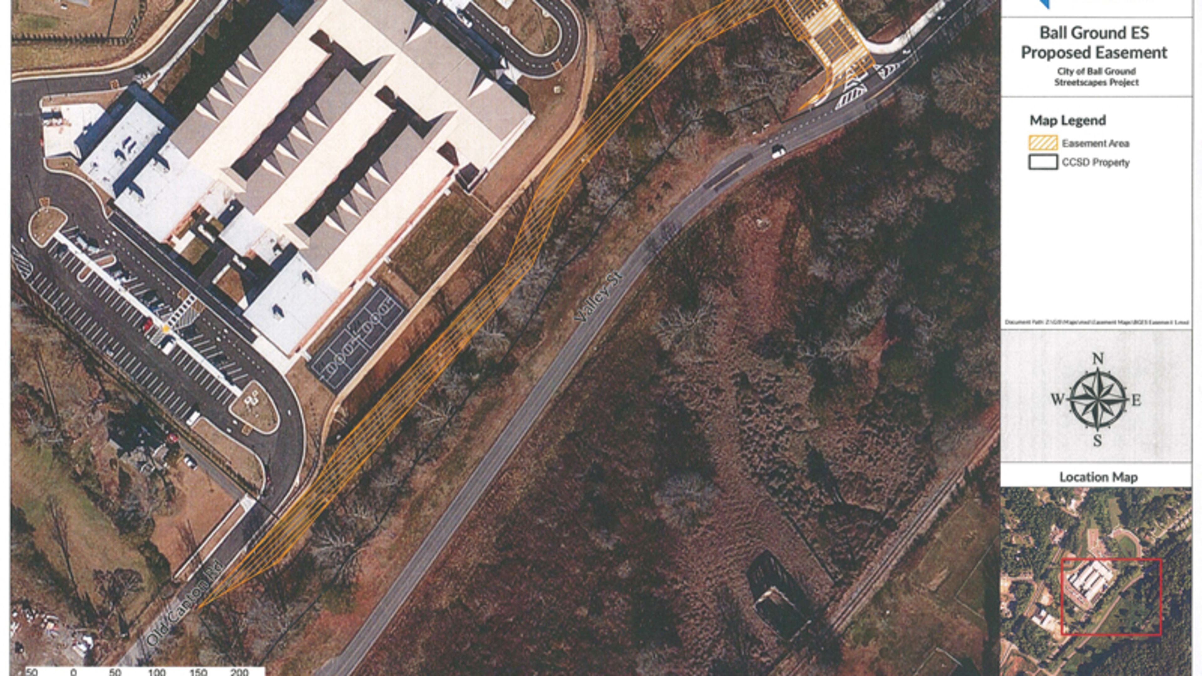 The Cherokee County Board of Education has approved granting an easement of 0.88 acres outside Ball Ground Elementary School so the city can install a sidewalk (outlined). CHEROKEE COUNTY SCHOOLS