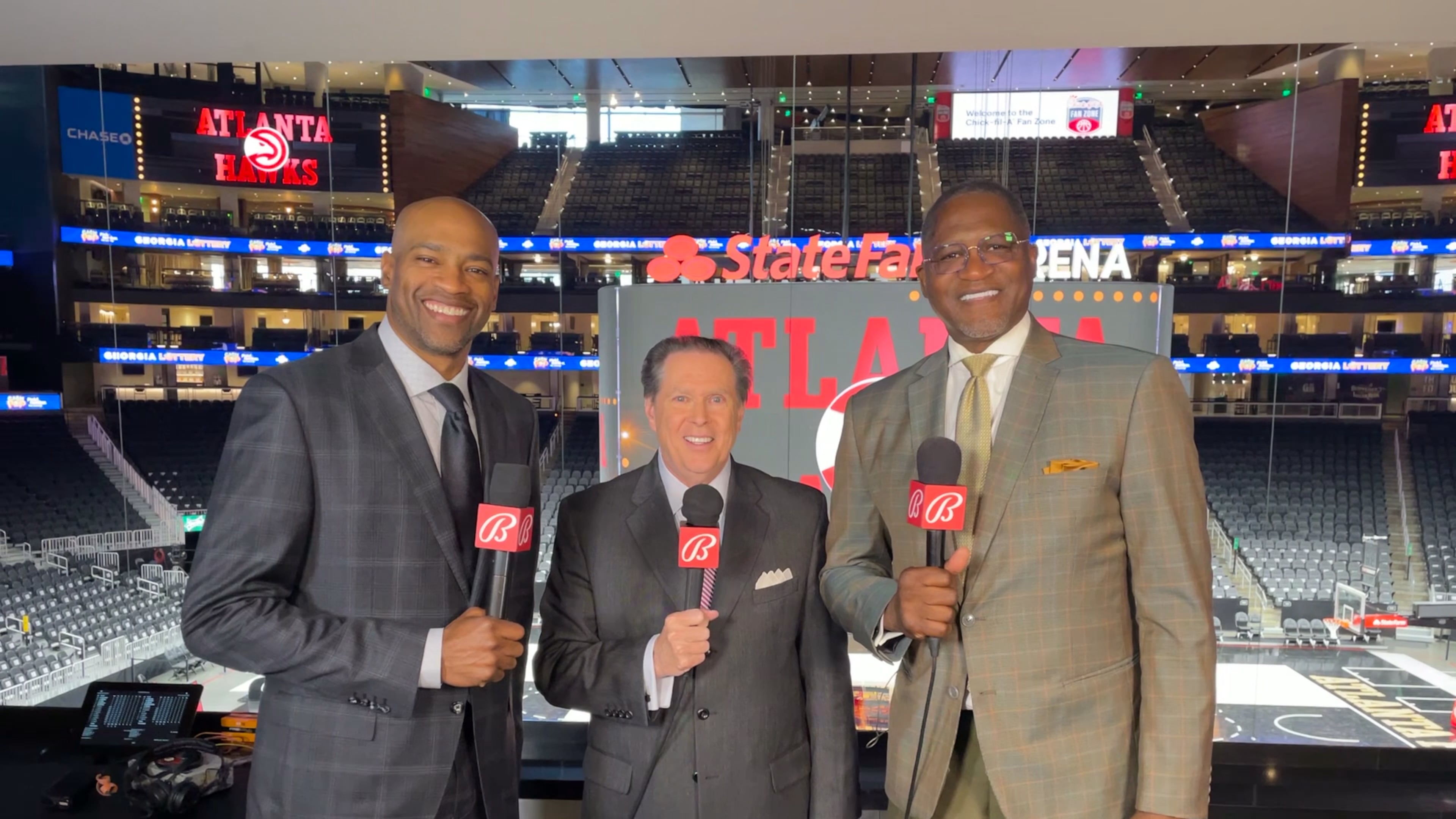 Hawks broadcasters (from left) on Bally Sports Southeast: analyst Vince Carter, play-by-play announcer Bob Rathbun and analyst Dominique Wilkins. (Bally Sports photo)