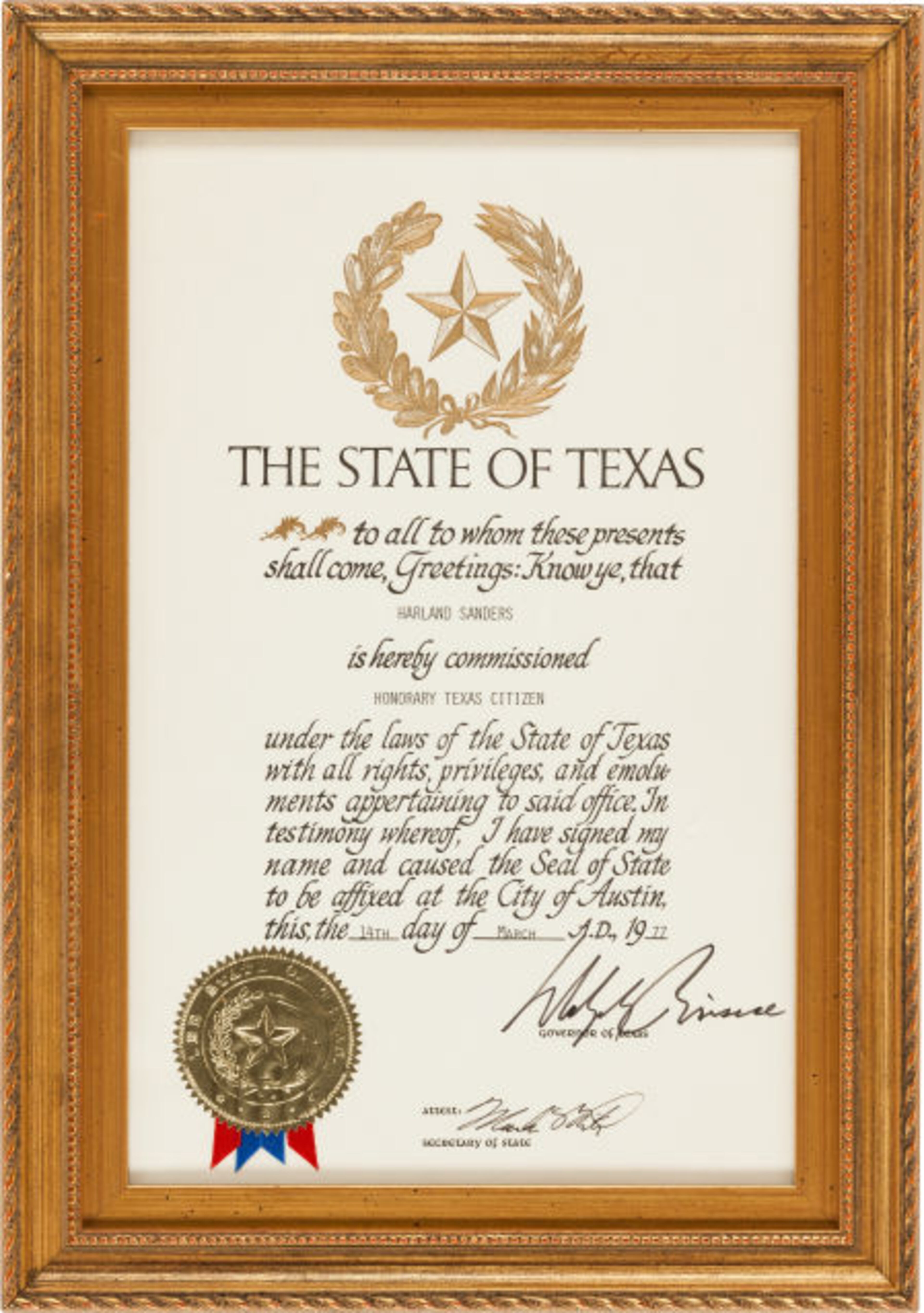 "Honorary Texan" award presented to Colonel Sanders by Governor Dolph Briscoe