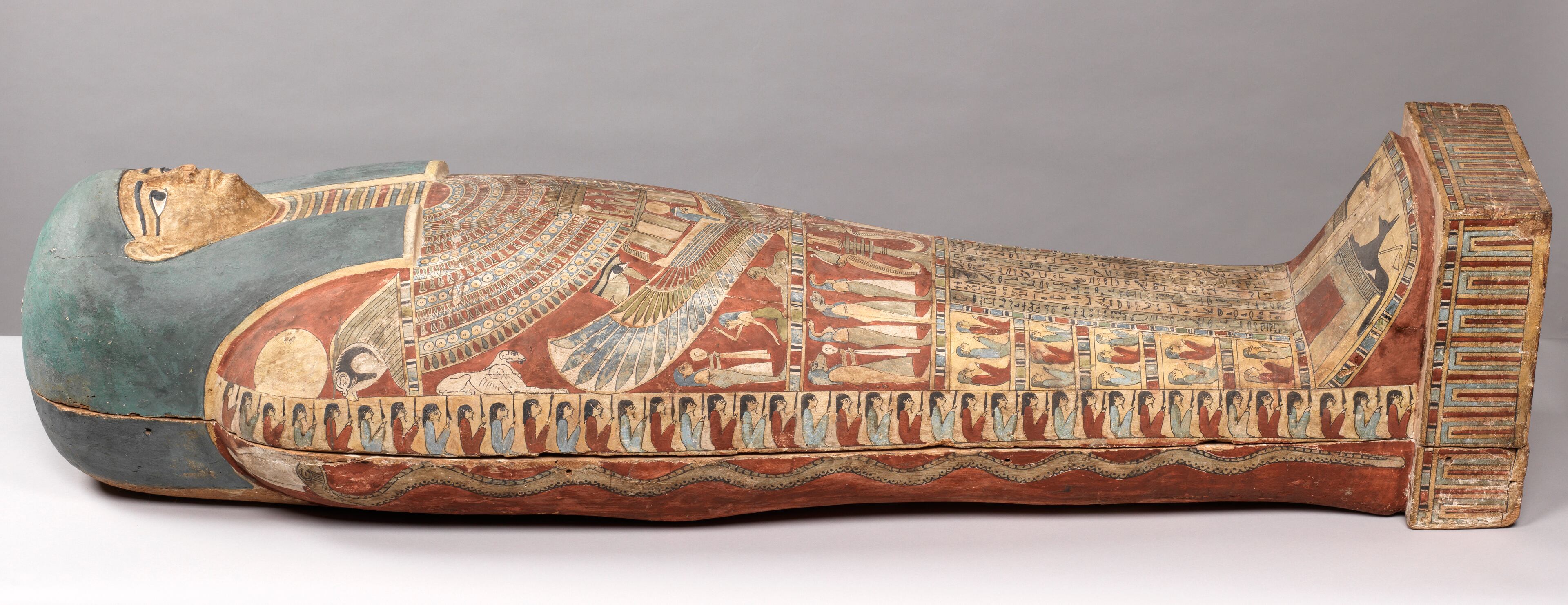 Coffin Lid of Taosiris. Egyptian. Early Ptolemaic Period, reign of Ptolemy II, 282-246 BCE. Wood, gesso, paint. Gift of the Georges Ricard Foundation. 2018.10.824A. © Bruce M. White, 2022.