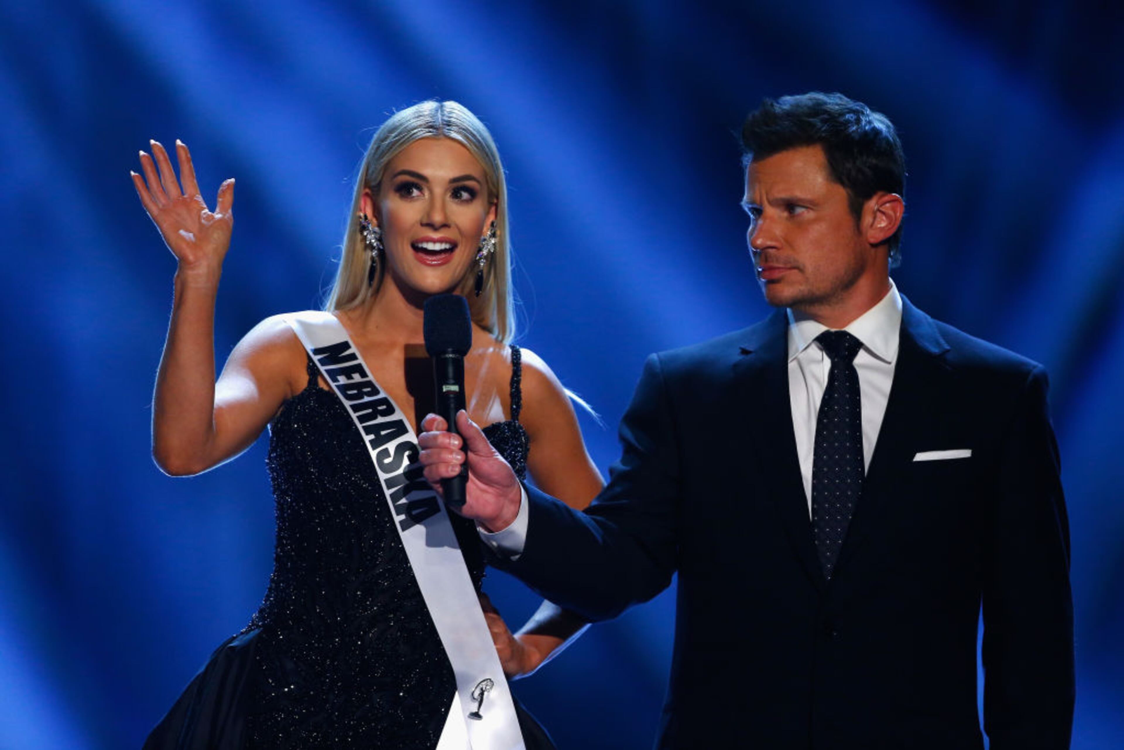 SHREVEPORT, LA - MAY 21: Miss Nebraska Sarah Rose Summers answers questions with host Nick Nachey during the 2018 Miss USA Competition at George's Pond at Hirsch Coliseum on May 21, 2018 in Shreveport, Louisiana. (Photo by Matt Sullivan/Getty Images)