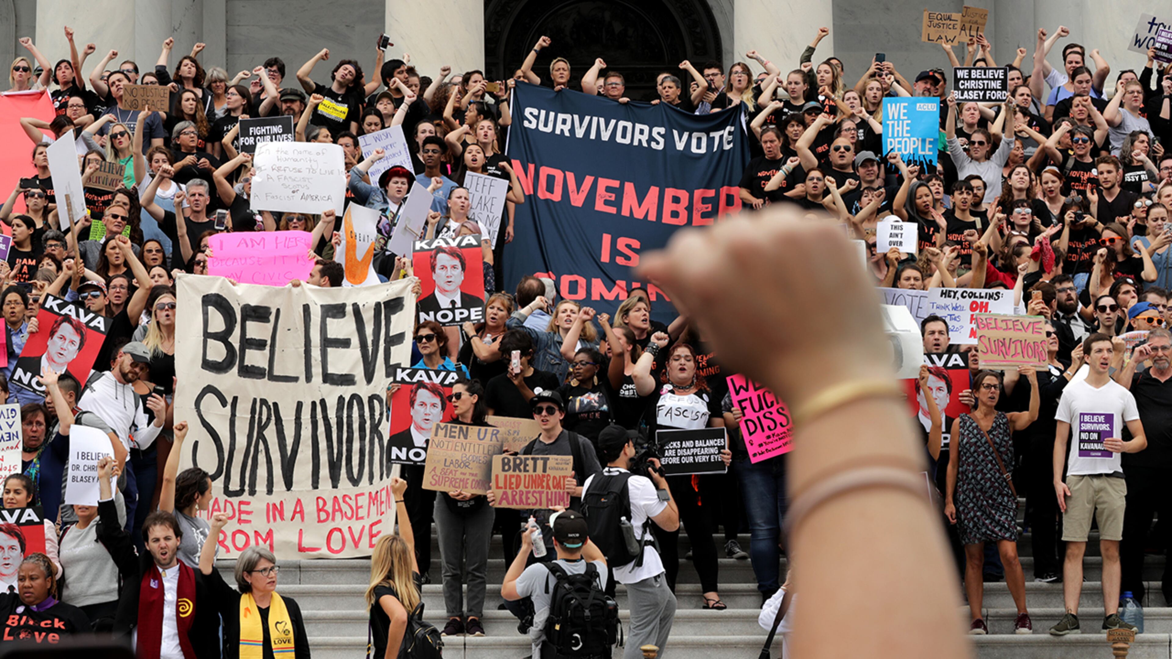 WASHINGTON, DC - OCTOBER 06: Hundreds of protesters occupy the center steps of the East Front of the U.S. Capitol after breaking through barricades to demonstrate against the confirmation of Supreme Court nominee Judge Brett Kavanaugh October 06, 2018 in Washington, DC. The Senate is scheduled to vote on Kavanaugh's confirmation later in the day. (Photo by Chip Somodevilla/Getty Images)