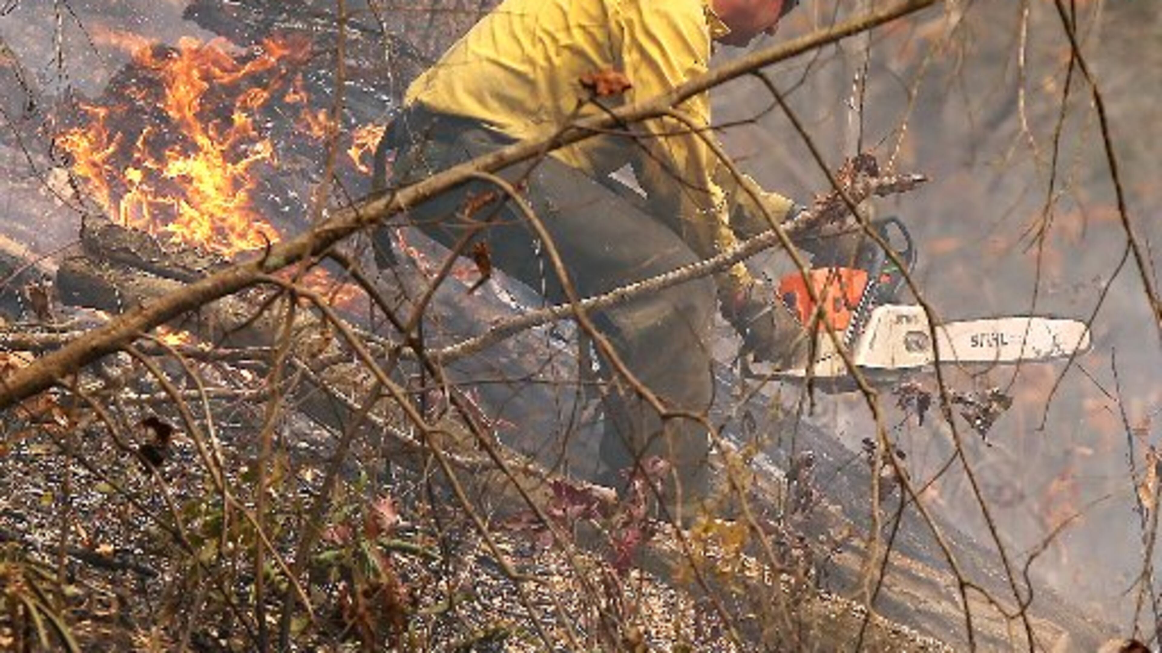 November 15, 2016, Clayton: A Billings, Montana firefighter works the Rock Mountain Fire along Old Coleman River Road to keep the fire from jumping the road on Tuesday, Nov. 15, 2016, near Clayton. Curtis Compton/ccompton@ajc.com