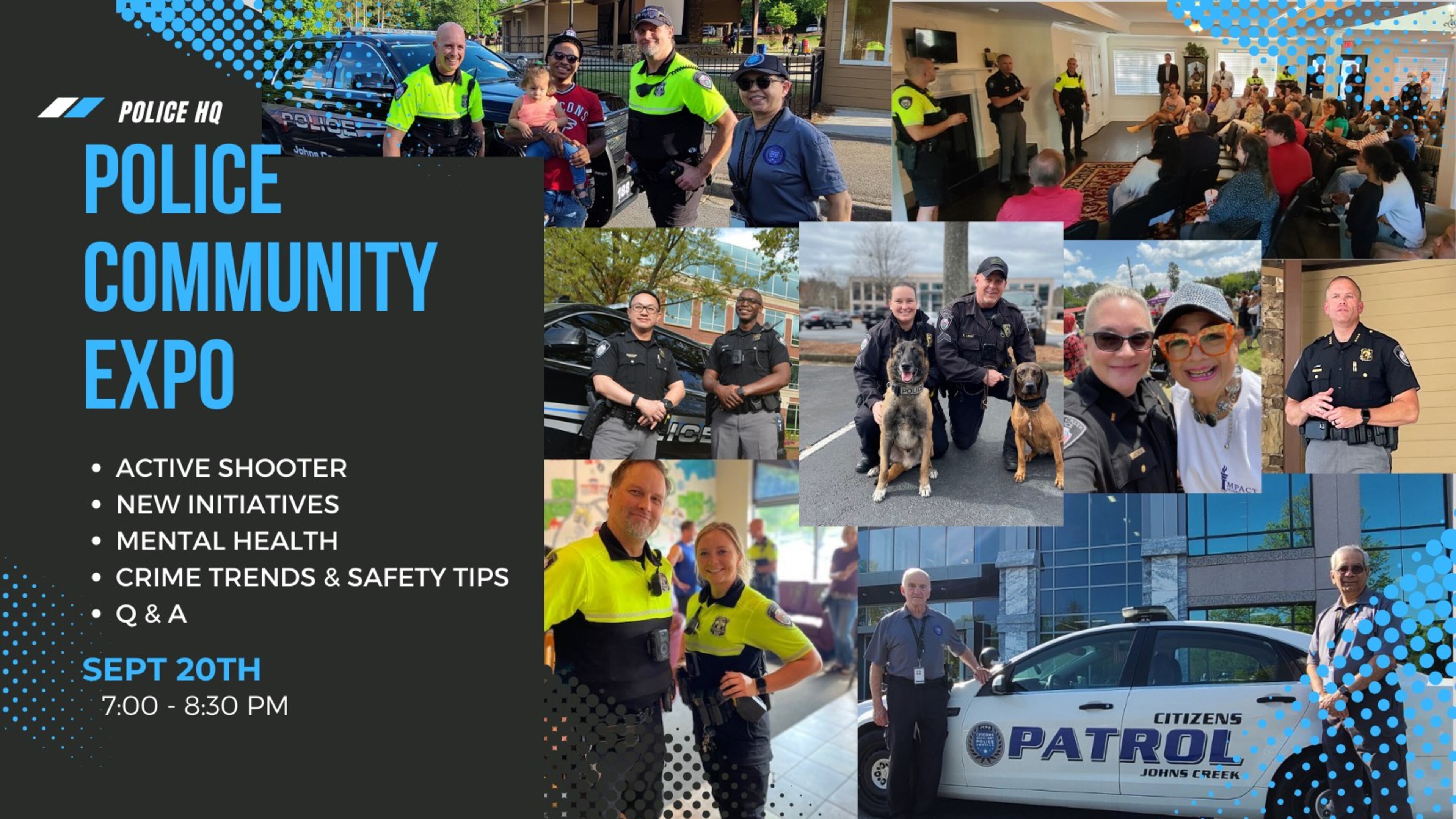 The Johns Creek Police Department is hosting a Community Expo 7 to 8:30 p.m. Tuesday, Sept. 20 at police headquarters, 11360 Lakefield Drive, 3rd floor. COURTESY JOHNS CREEK POLICE