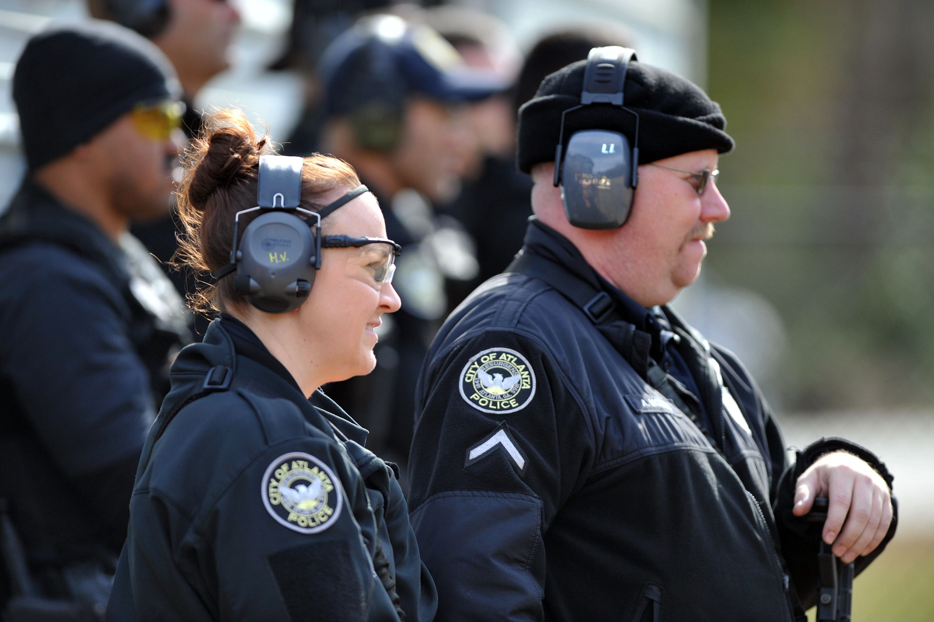 NOVEMBER 24, 2015 ATLANTA APD Officer Heather Vernon and SPO A. Moline watch the training session. KENT D. JOHNSON/ kdjohnson@ajc.com