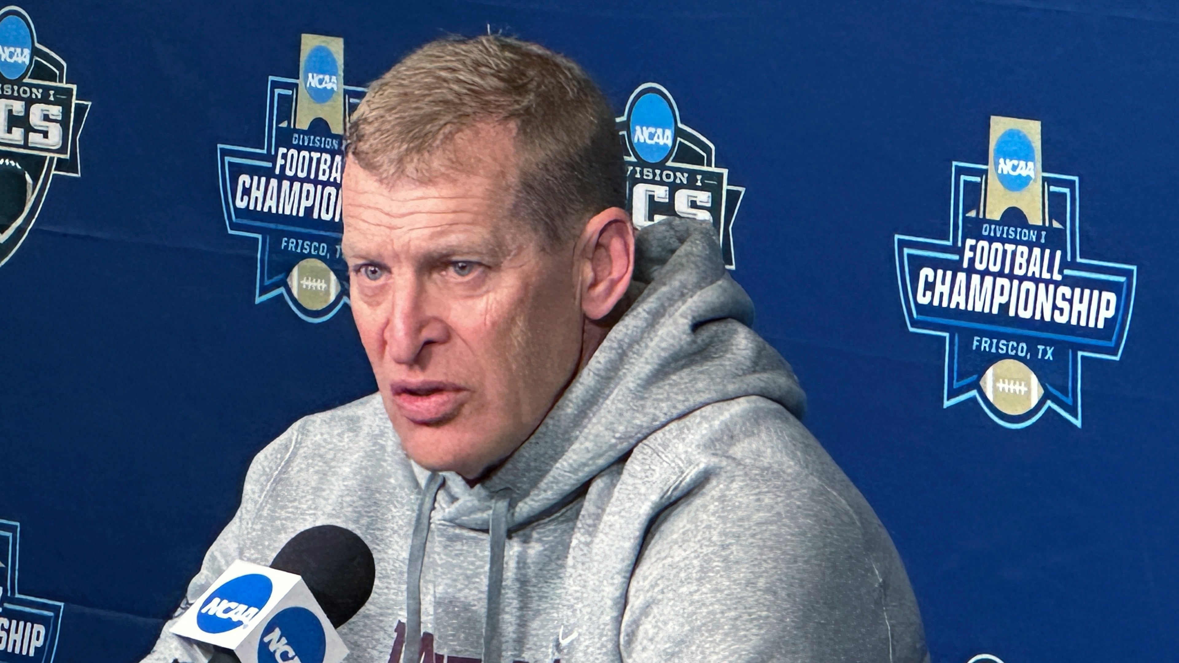 FILE - Montana coach Bobby Hauck talks Friday, Jan. 5, 2024, about the team's NCAA Football Championship Subdivision title game against top-rated South Dakota State in Frisco, Texas. (AP Photo/Stephen Hawkins,File)
