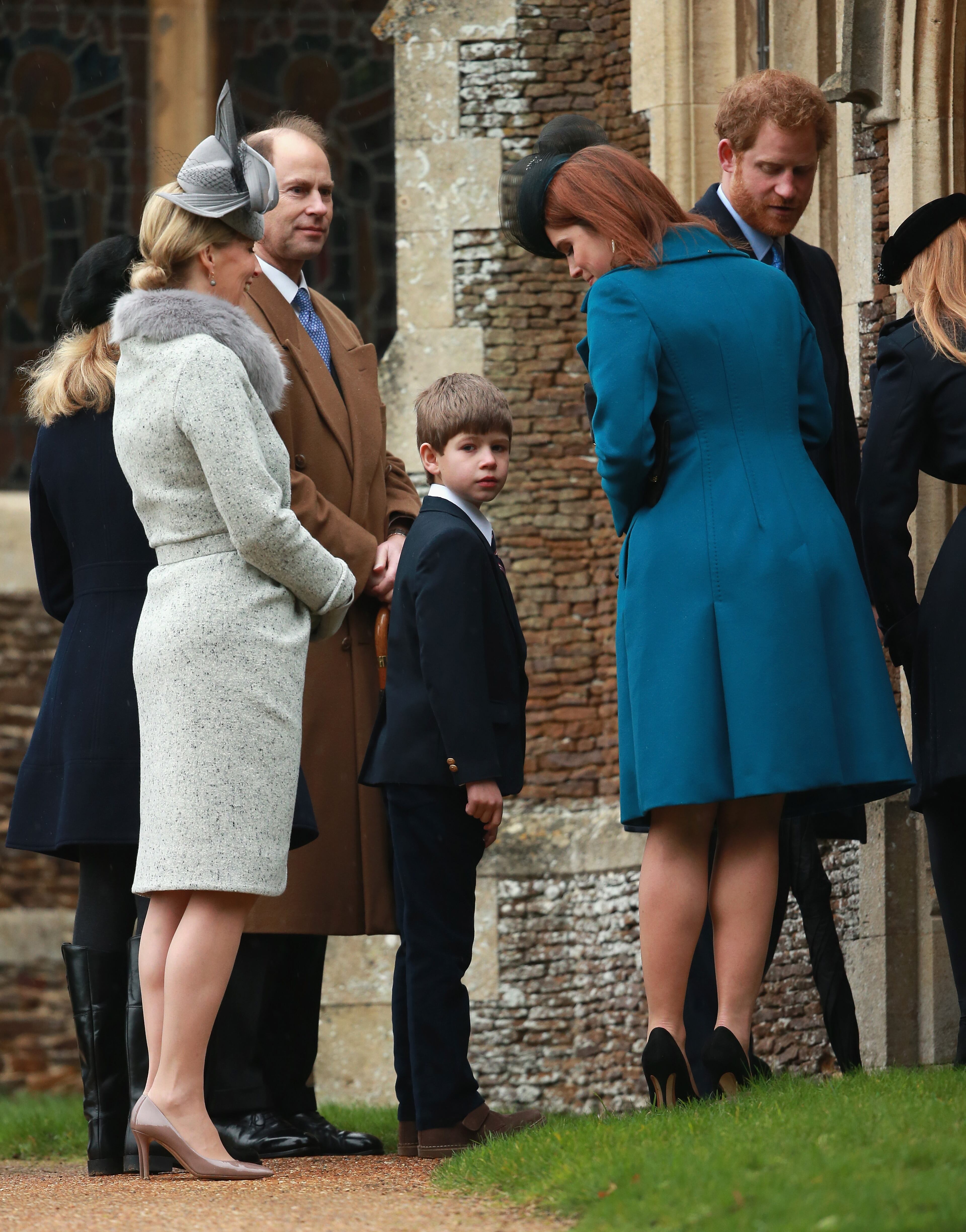 KING'S LYNN, ENGLAND - DECEMBER 25: Sophie, Countess of Wessex, Prince Edward, Earl of Wessex and James, Viscount Severn attend a Christmas Day church service at Sandringham on December 25, 2015 in King's Lynn, England. (Photo by Chris Jackson/Getty Images)