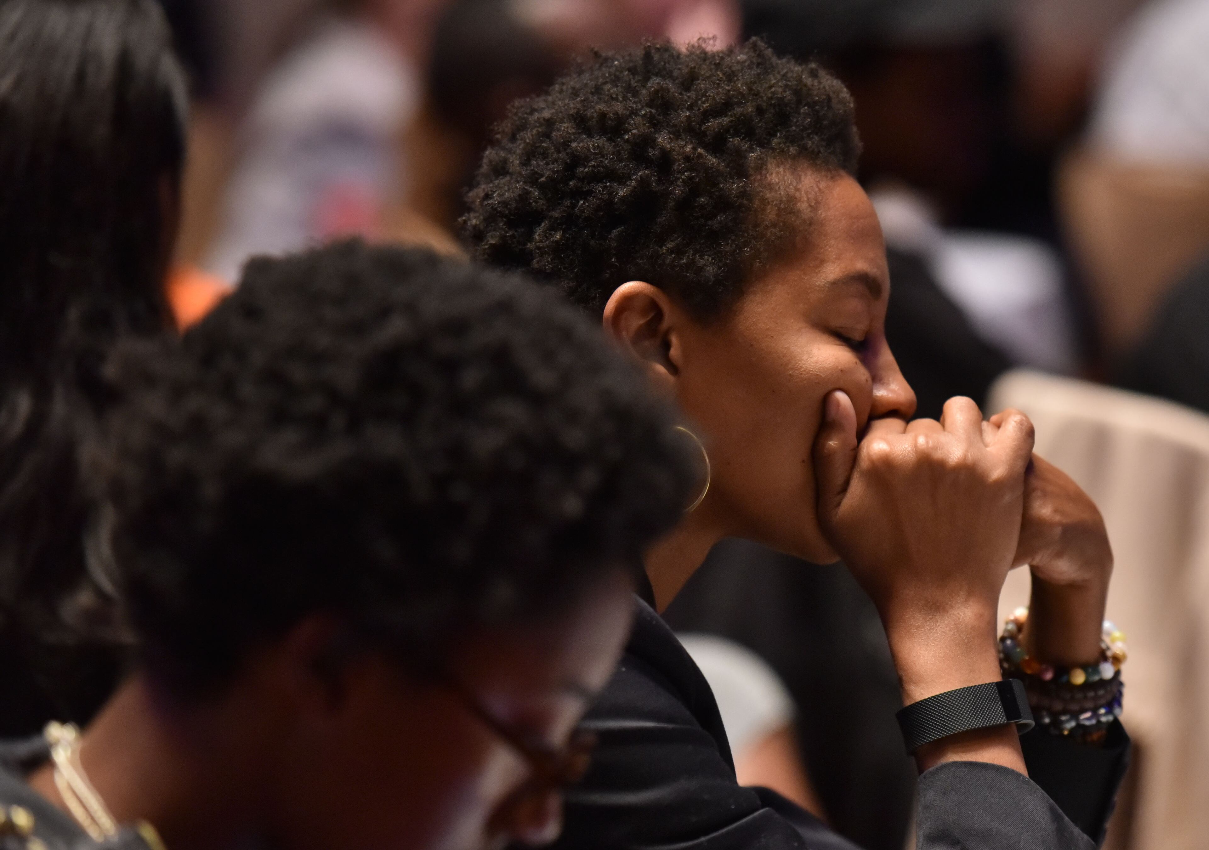 Hillary Clinton supporters react to voting results during the Democratic Party of Georgia Election Night Party at the Hyatt Regency Atlanta on Tuesday, November 8, 2016. (HYOSUB SHIN / HSHIN@AJC.COM)