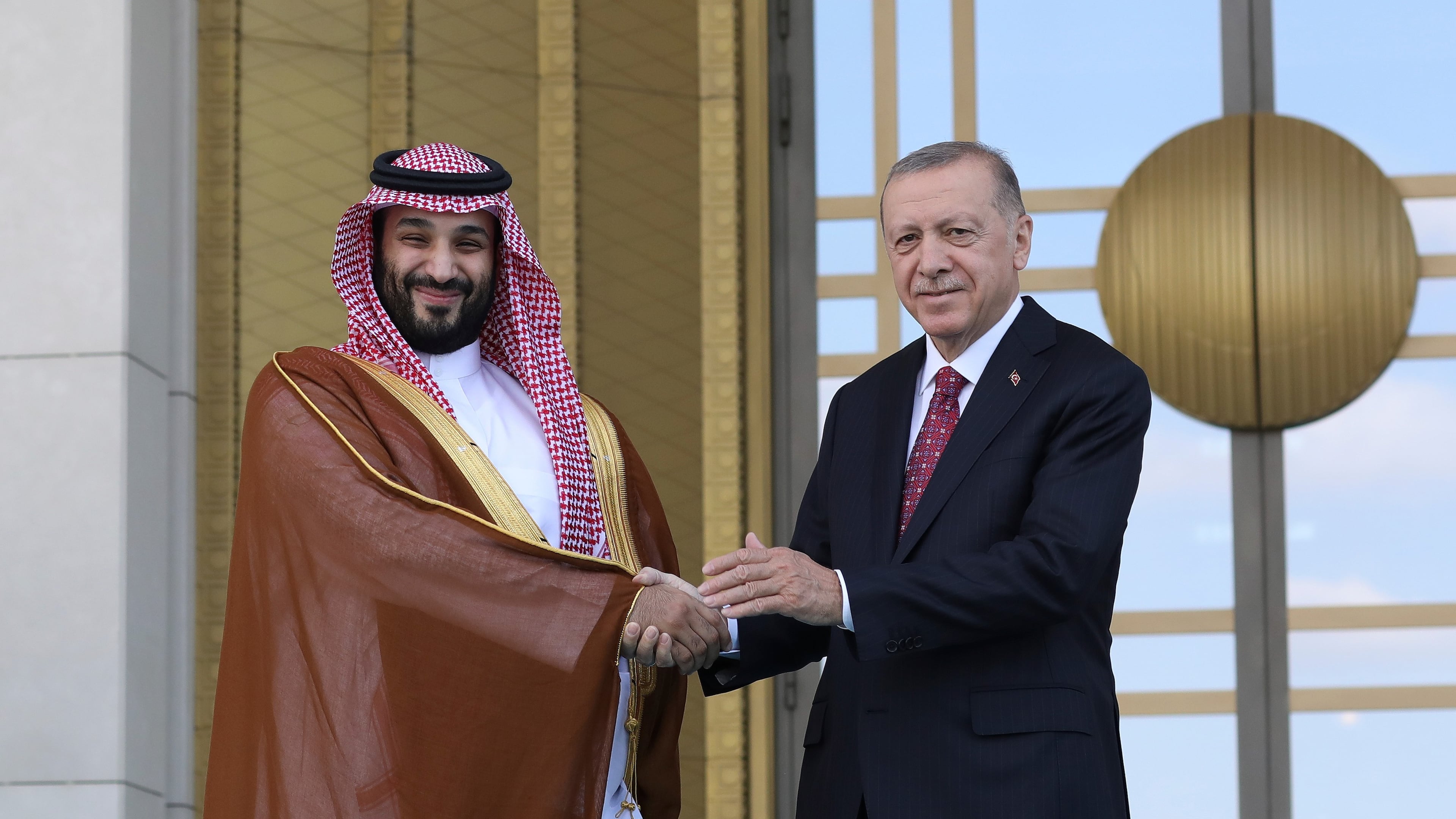 FILE - Turkish President Recep Tayyip Erdogan, right, and Saudi Crown Prince Mohammed bin Salman shake hands during a welcome ceremony, in Ankara, Turkey, Wednesday, June 22, 2022. (AP Photo/Burhan Ozbilici, File)